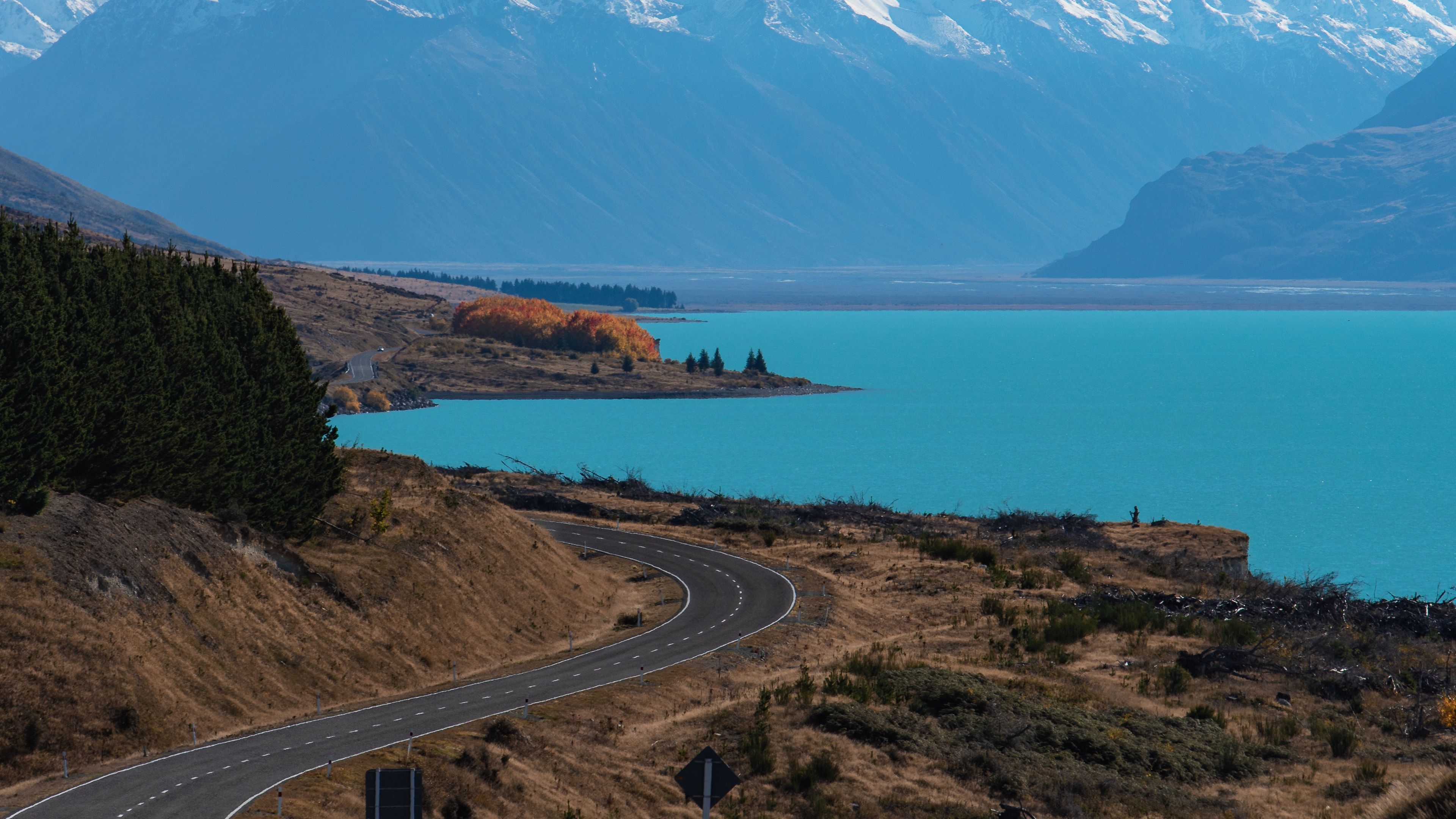 lake pukaki, new zealand, road, mountains, turn, 4k, HD Wallpaper