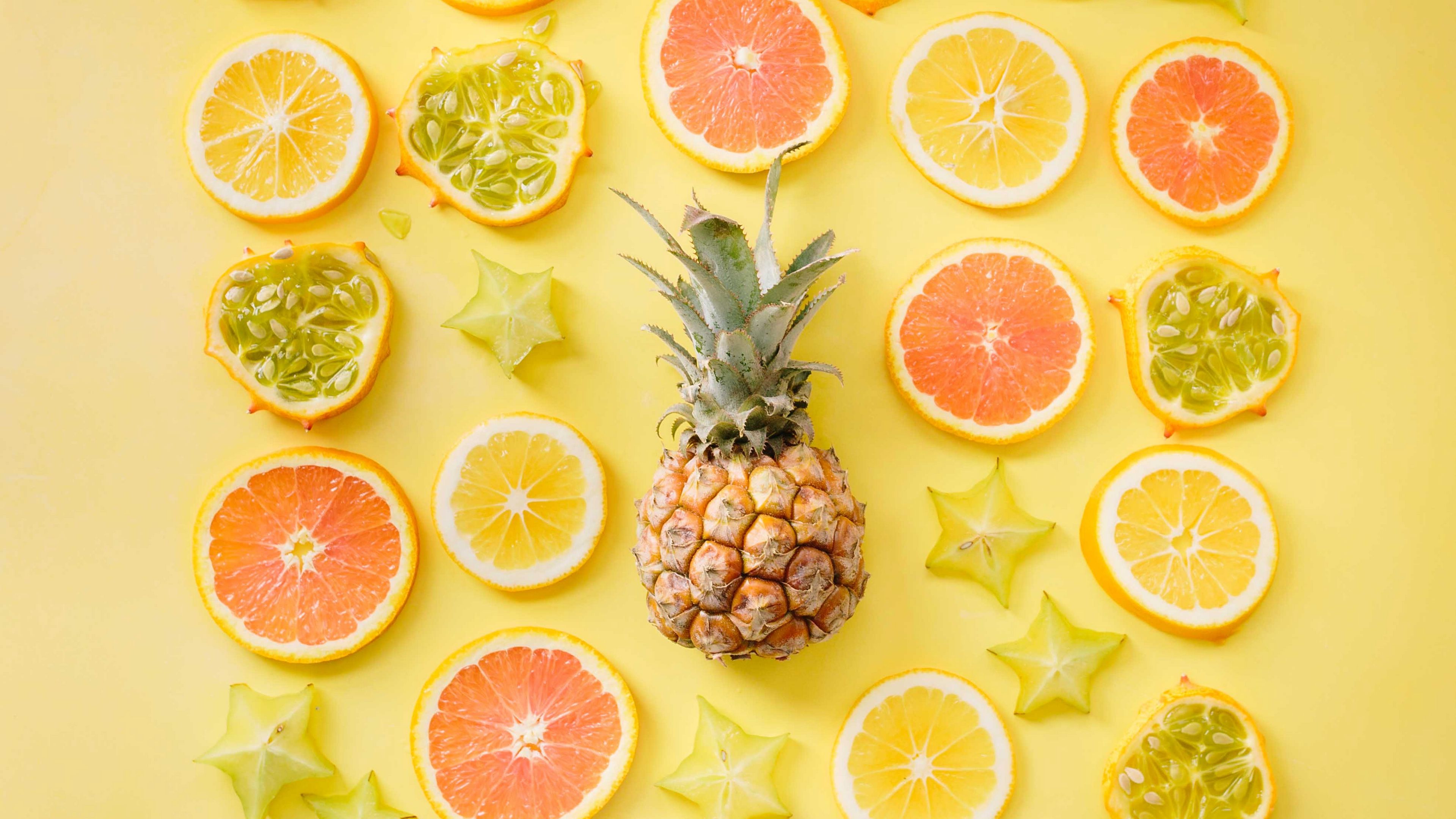 fruit, citrus, pineapple, yellow, lemon, orange, 4k, HD Wallpaper