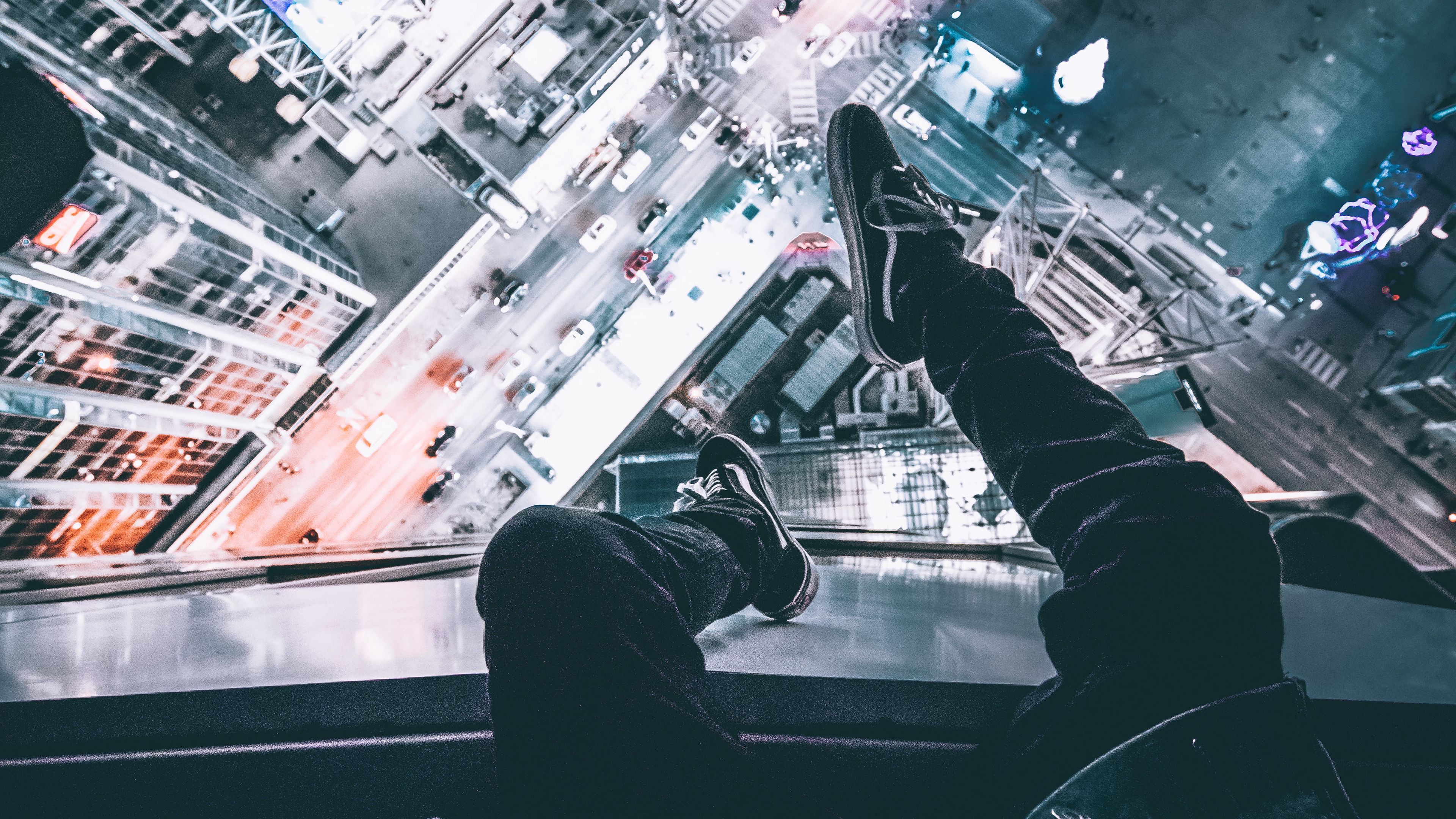 night city, man, legs, top view, overview, 4k, HD Wallpaper