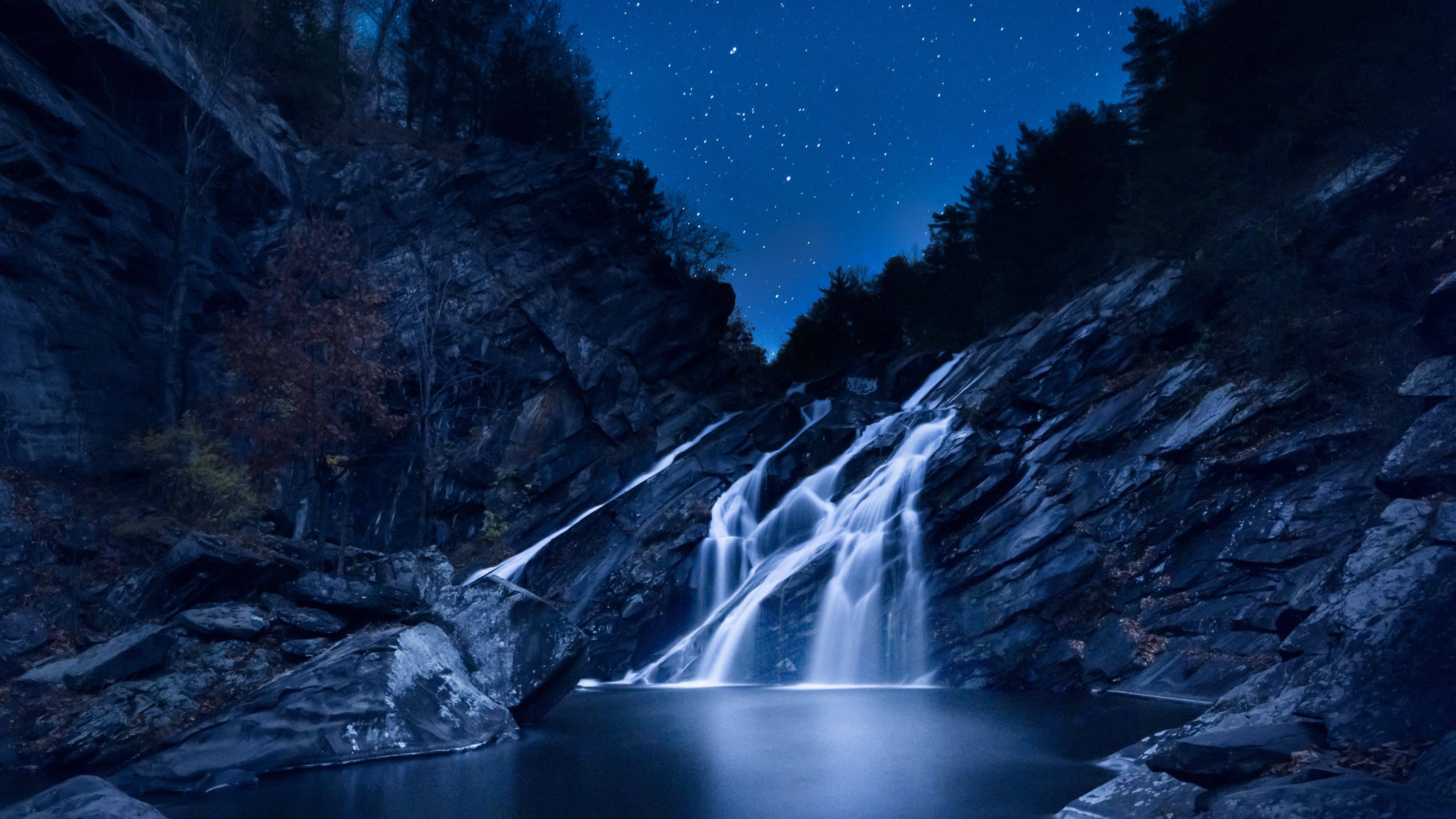 waterfall, starry sky, stones, 4k, HD Wallpaper
