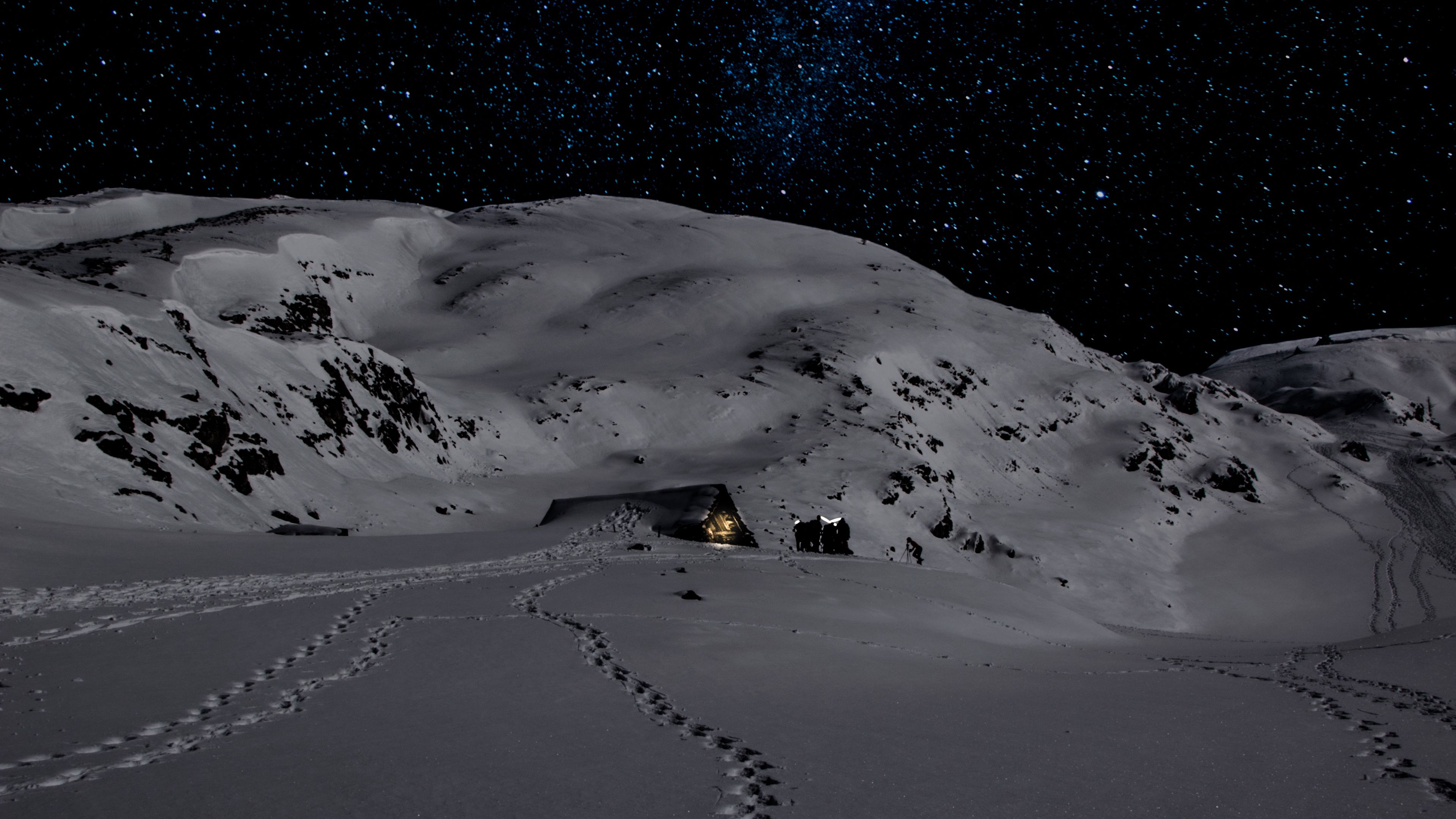 night, snow, mountains, footprints, winter, 4k, HD Wallpaper