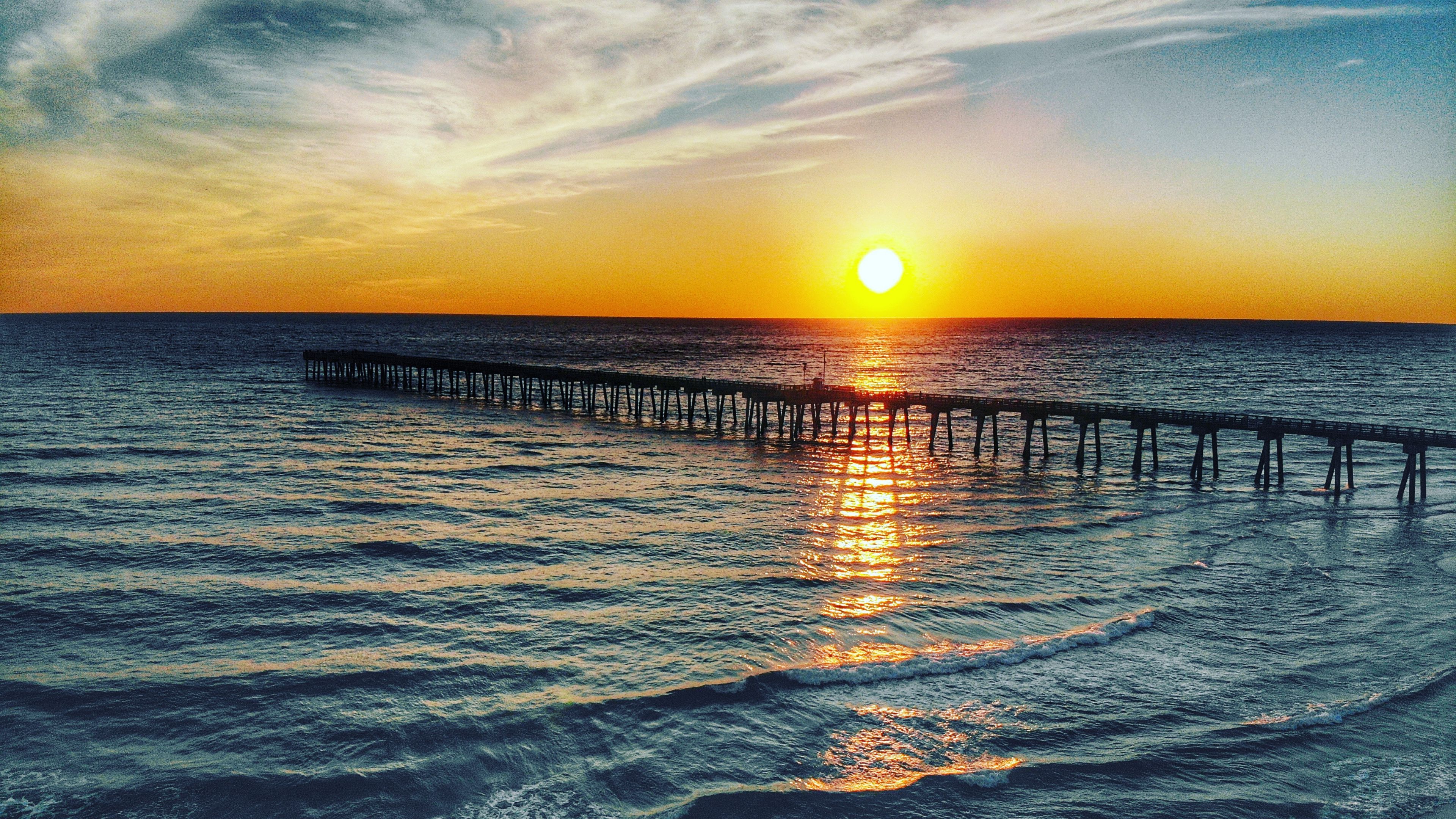 pier, sea, sunset, horizon, 4k, HD Wallpaper