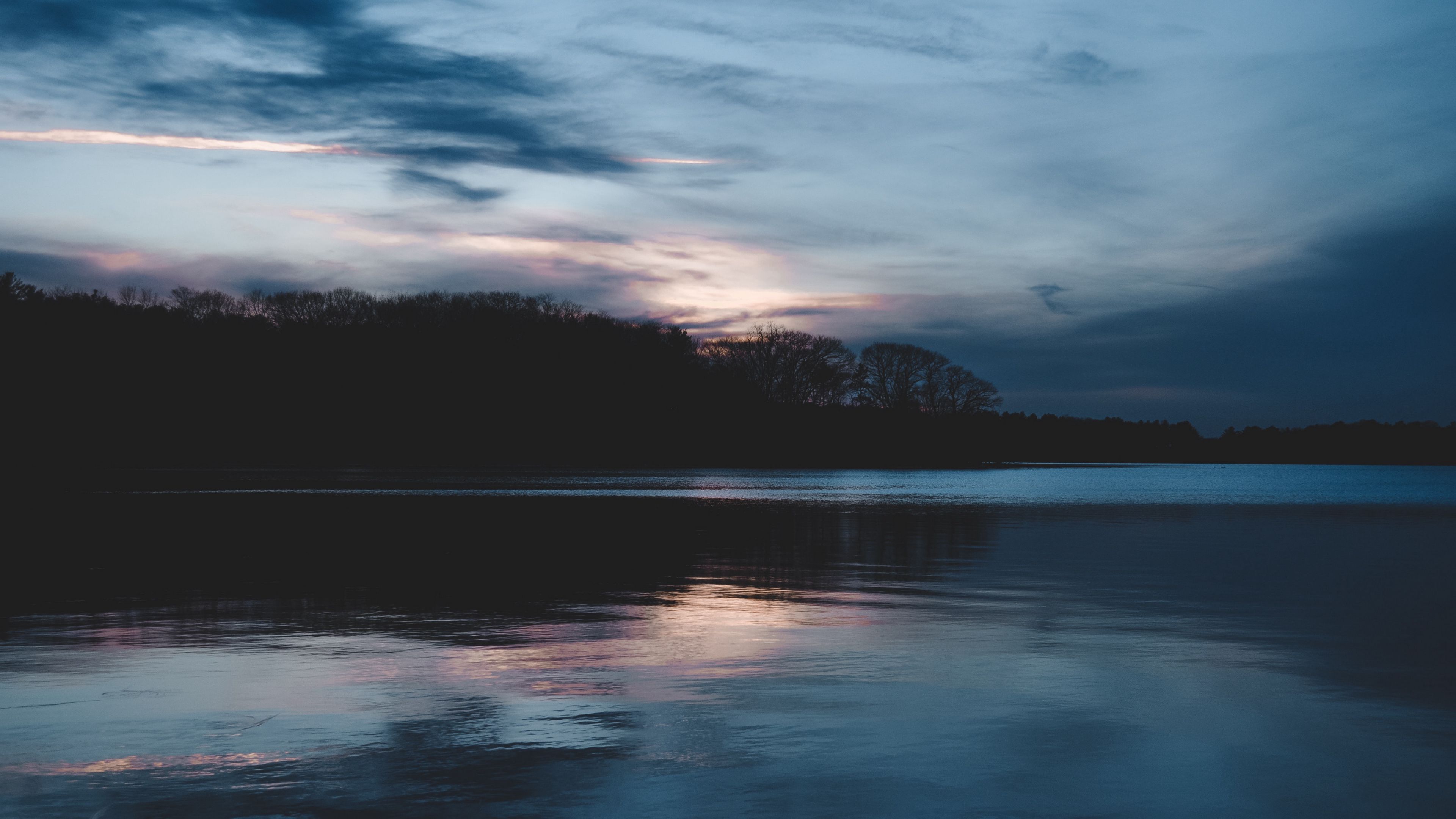 lake, horizon, evening, clouds, 4k, HD Wallpaper