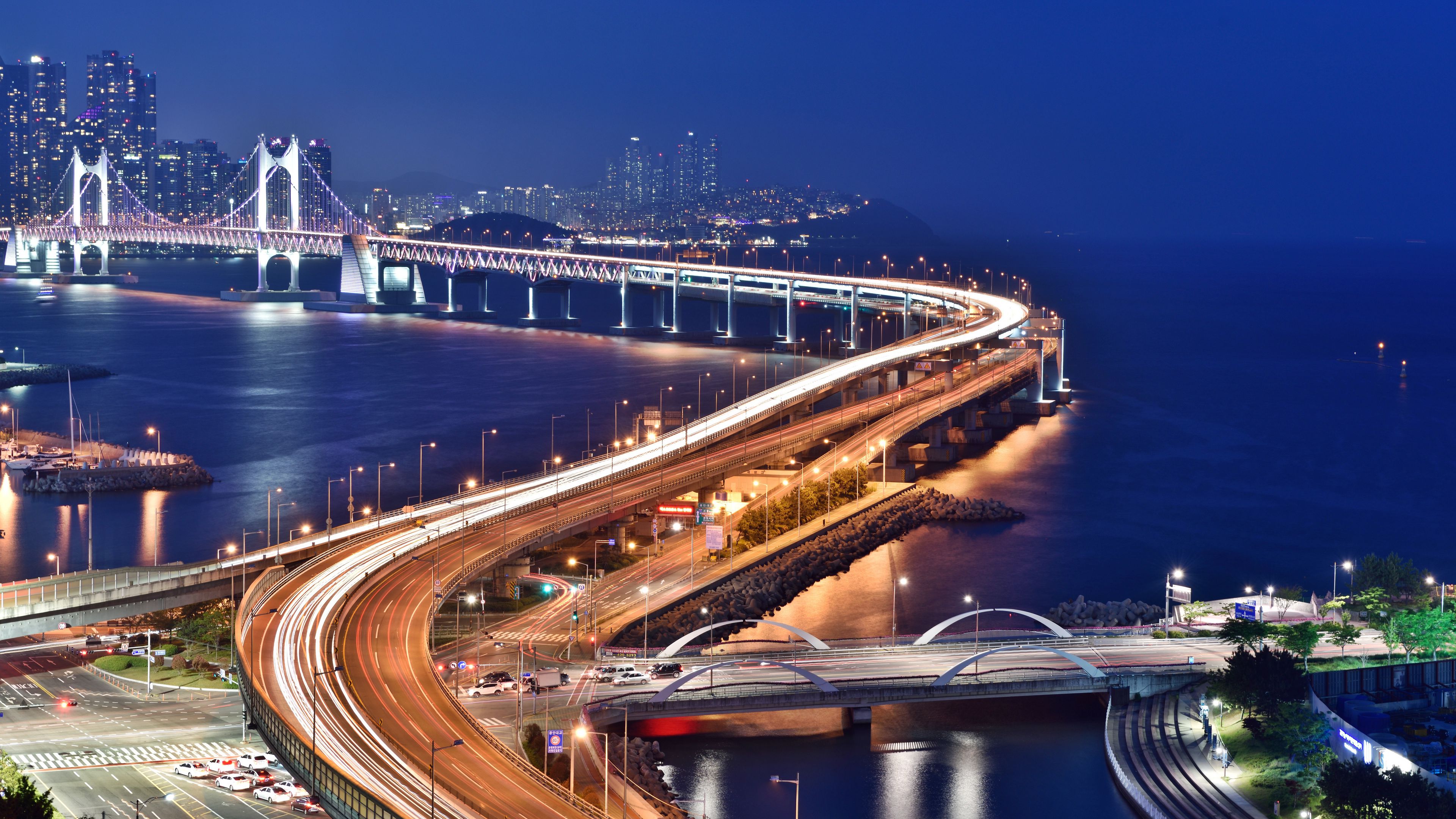 bridge, night city, skyscrapers, city lights, 4k, HD Wallpaper