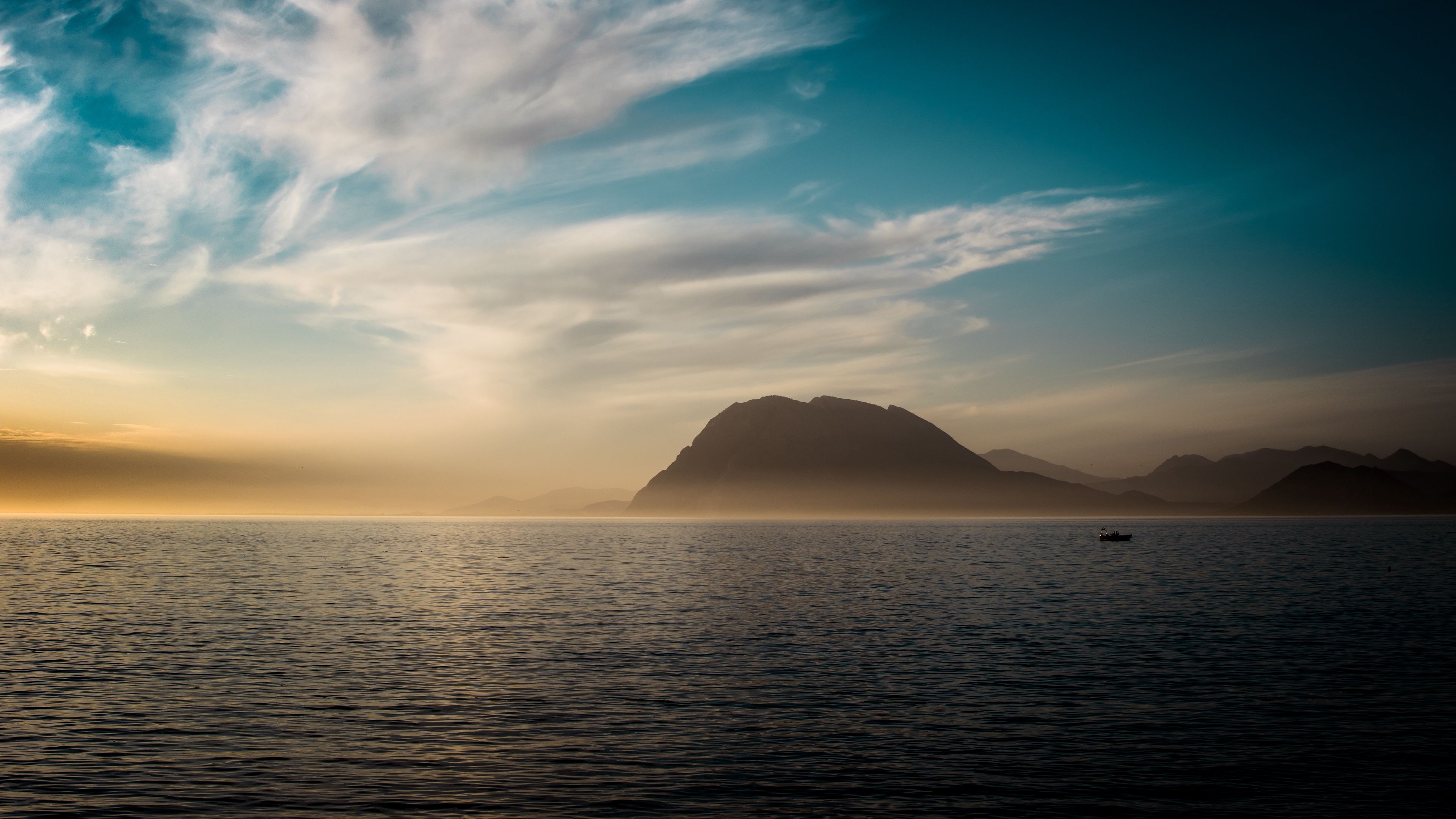 sea, mountains, horizon, evening, 4k, HD Wallpaper