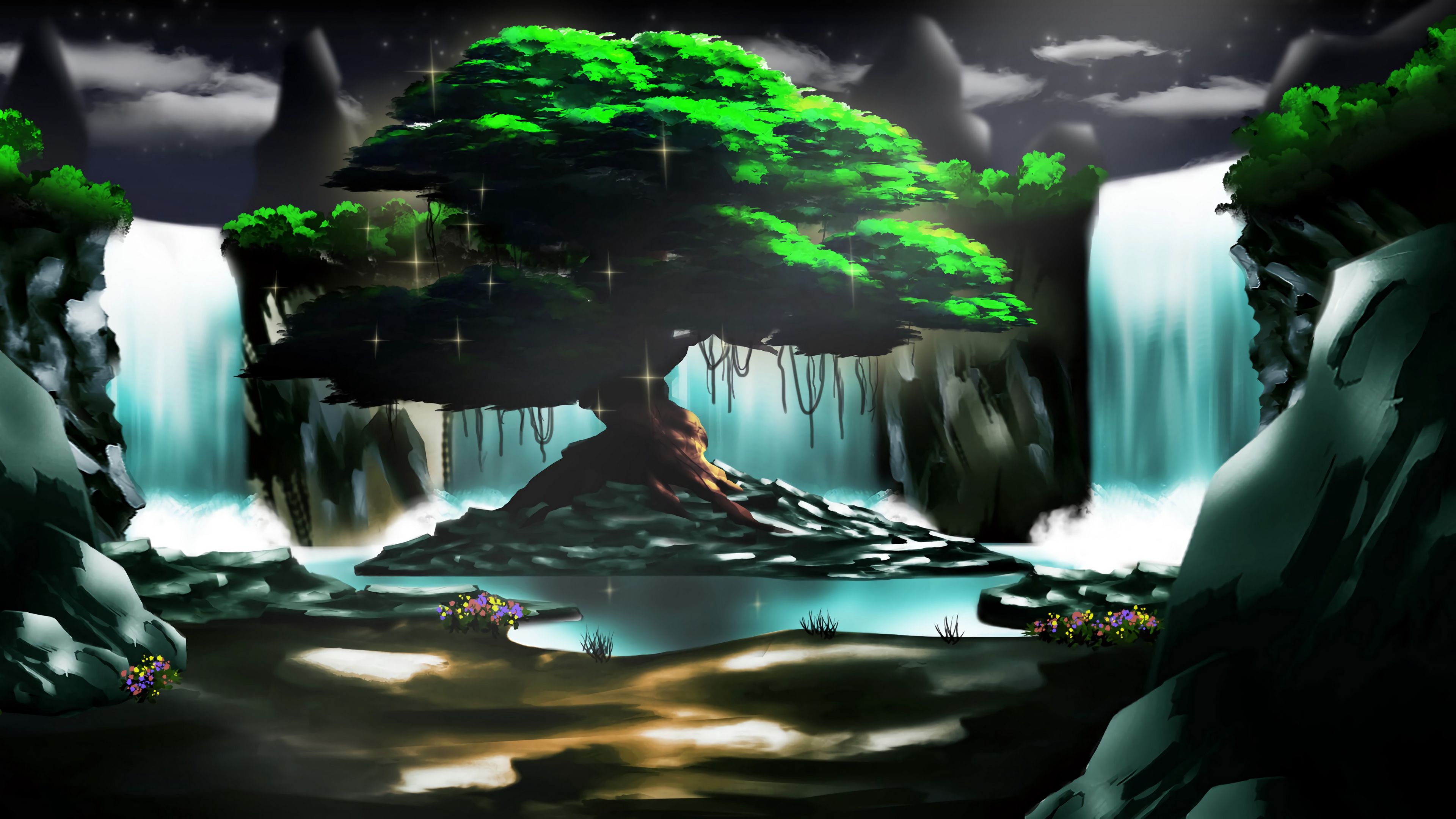 waterfall, rocks, art, 4k, HD Wallpaper