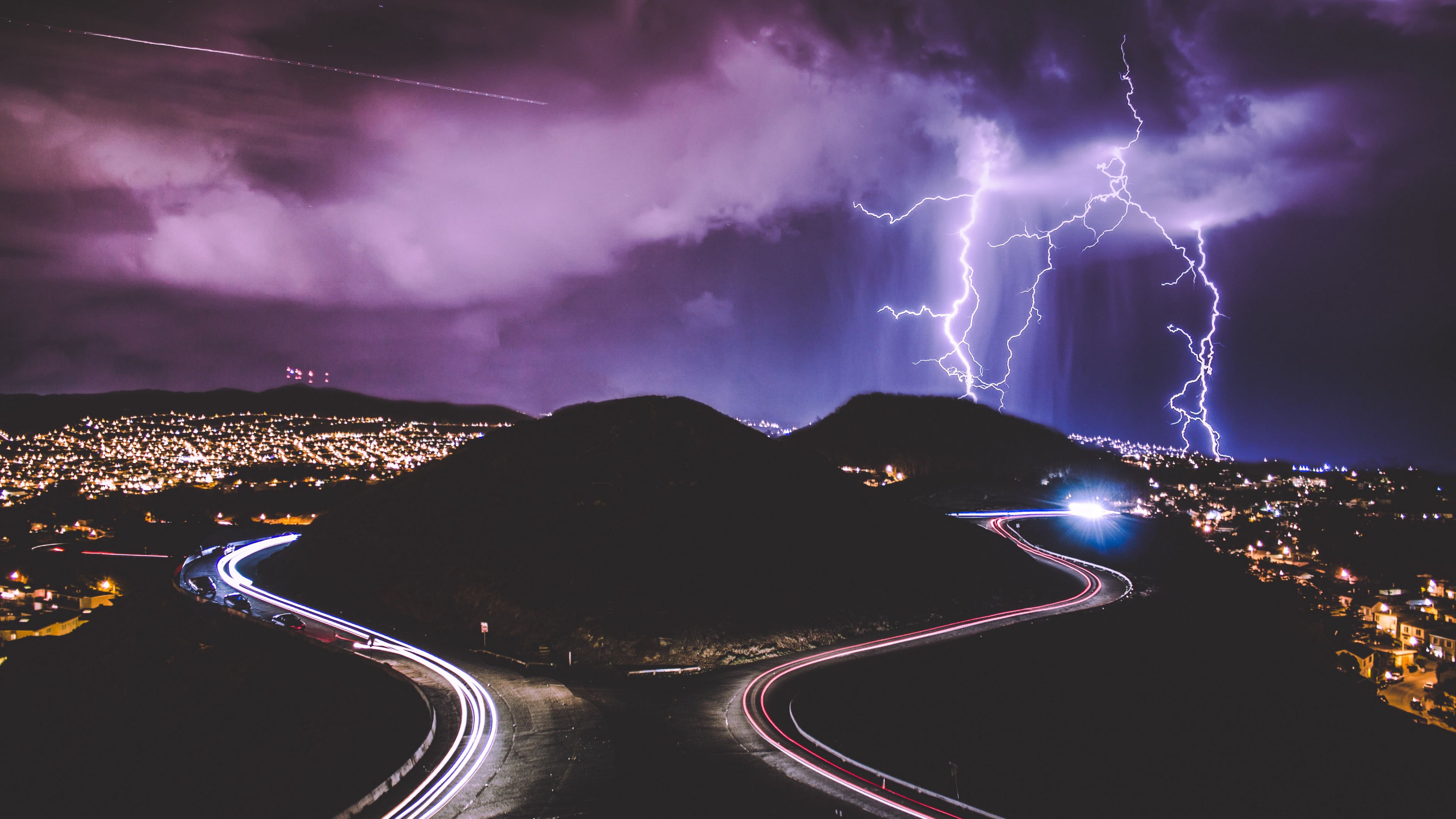 lightning, road, city, night, 4k, HD Wallpaper