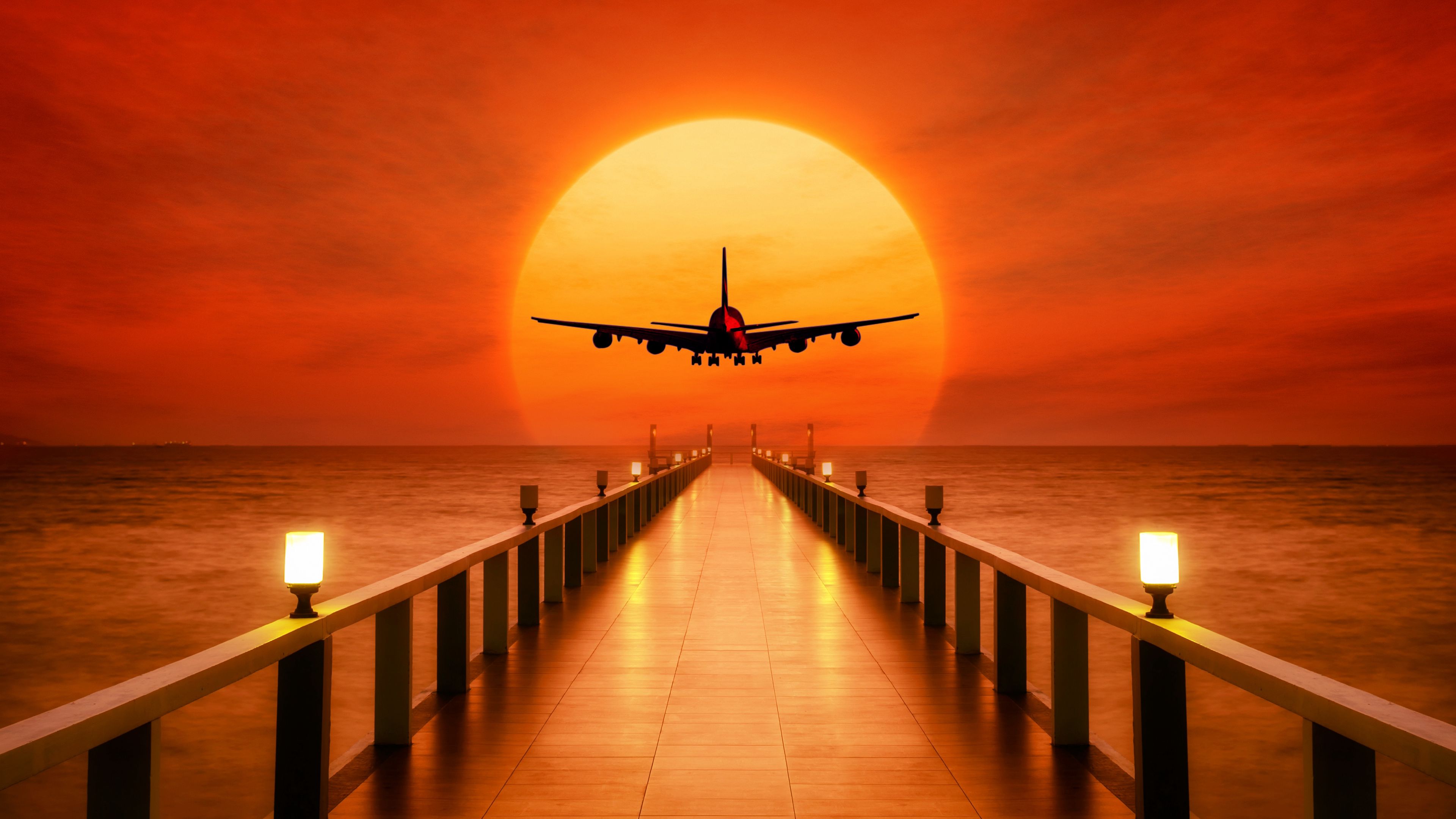 airplane, photoshop, sunset, wharf, 4k, HD Wallpaper