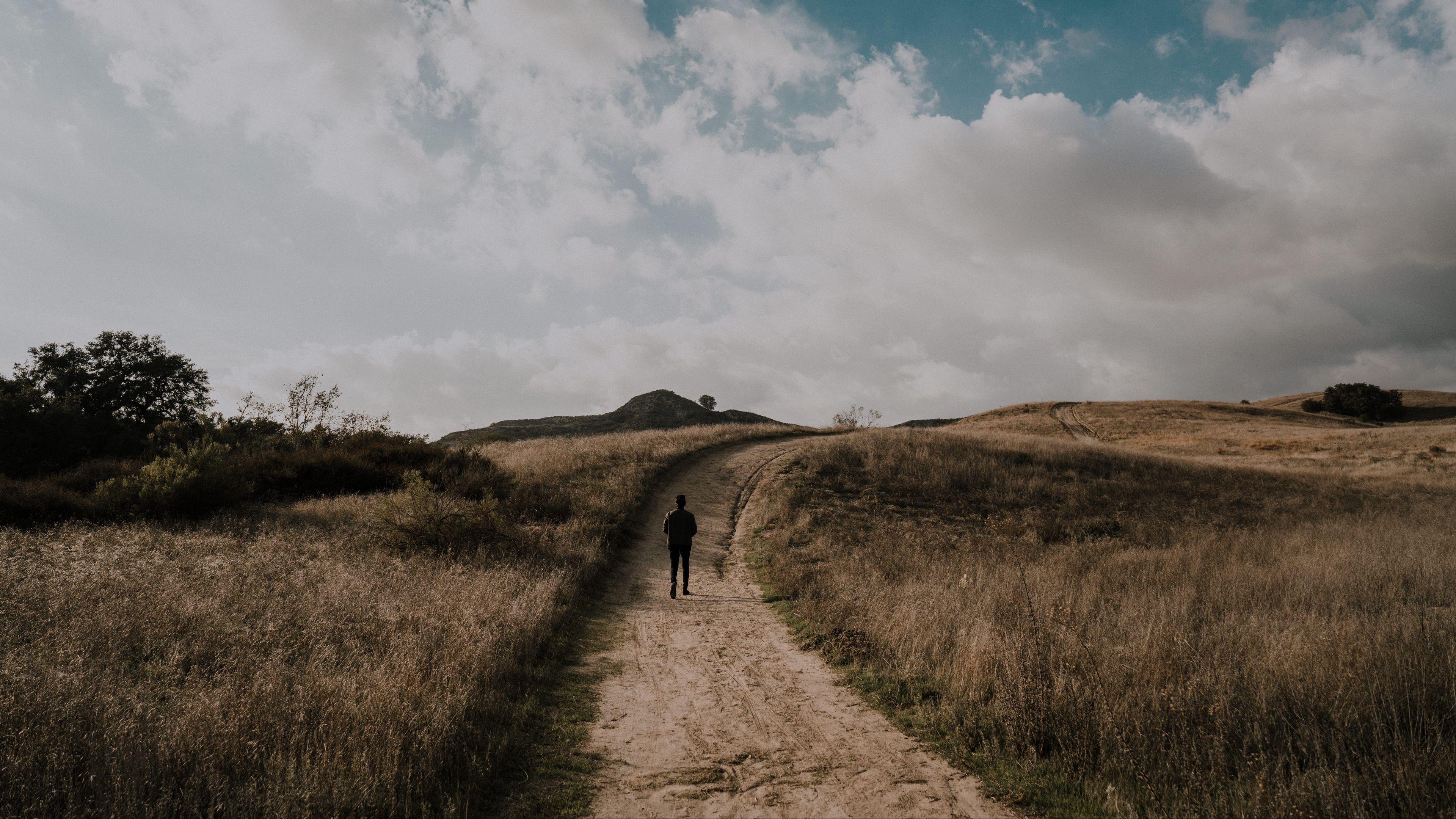 path, grass, man, walk, clouds, 4k, HD Wallpaper