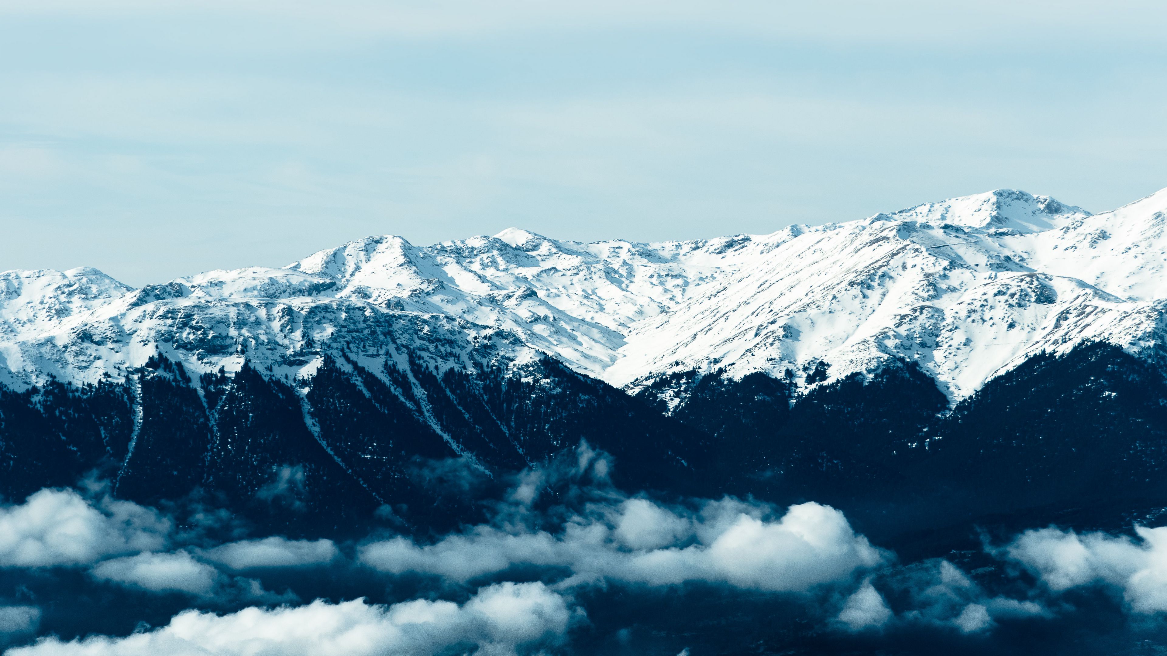 mountains, fog, peaks, snowy, 4k, HD Wallpaper