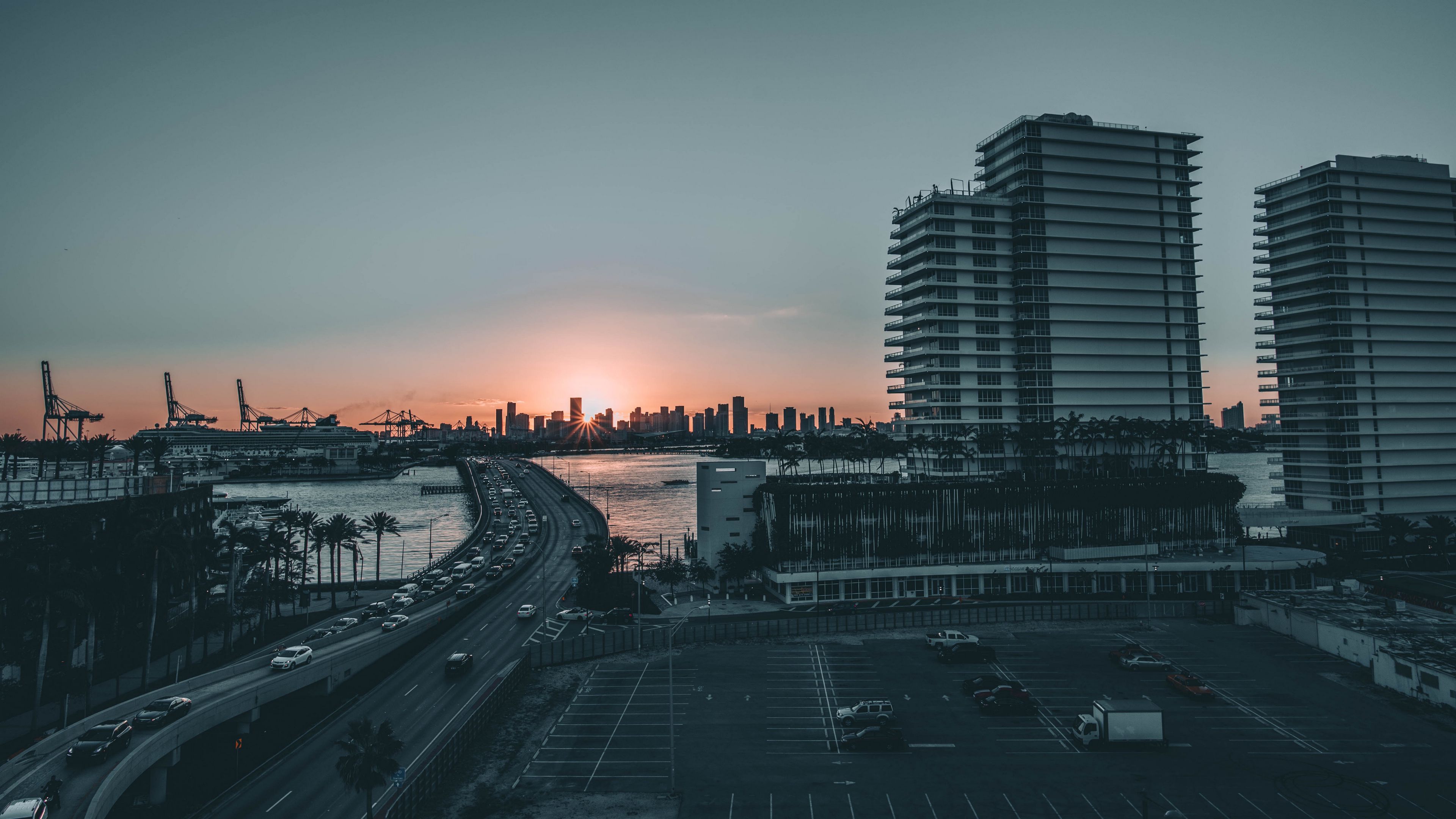 city, bridge, sea, sunset, 4k, HD Wallpaper