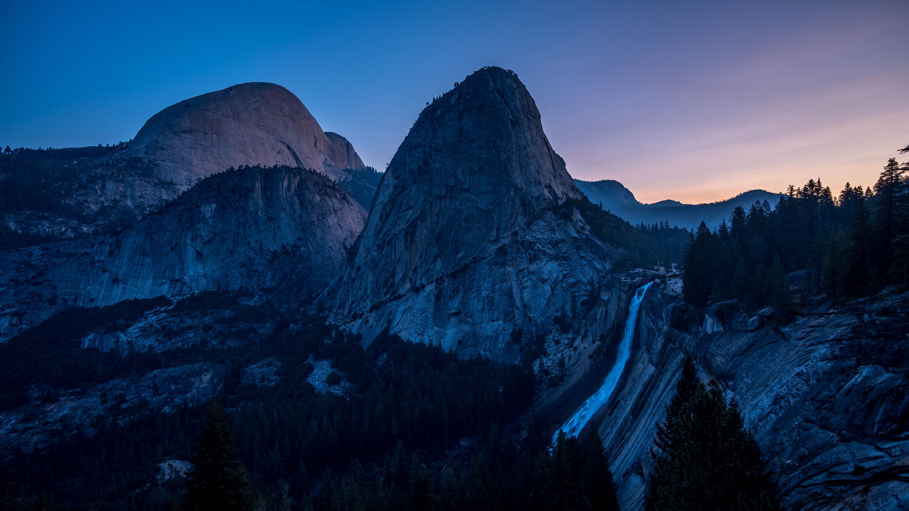 waterfall, mountains, evening, sky, trees, 4k, HD Wallpaper