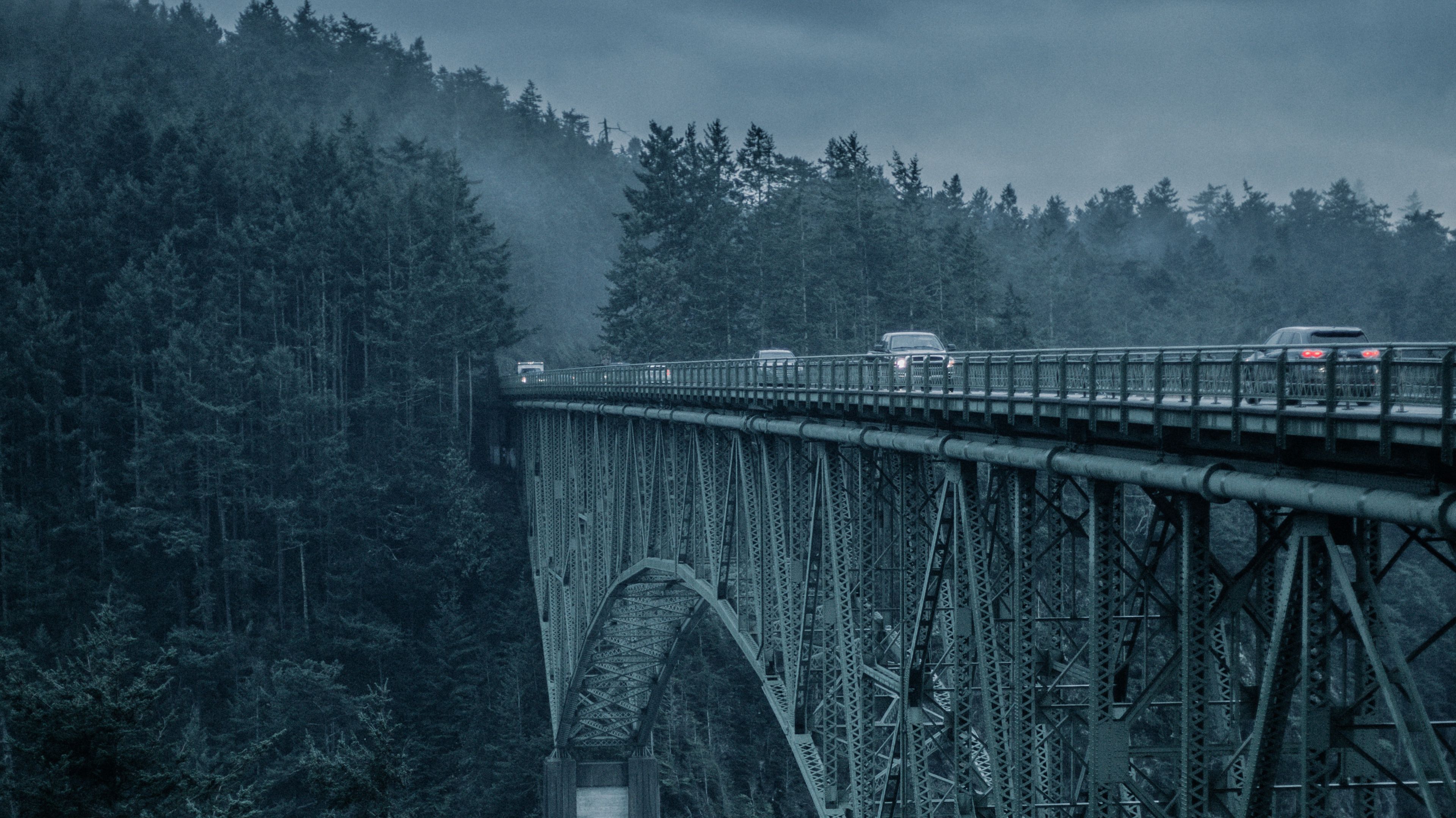 bridge, mountains, cars, evening, 4k, HD Wallpaper