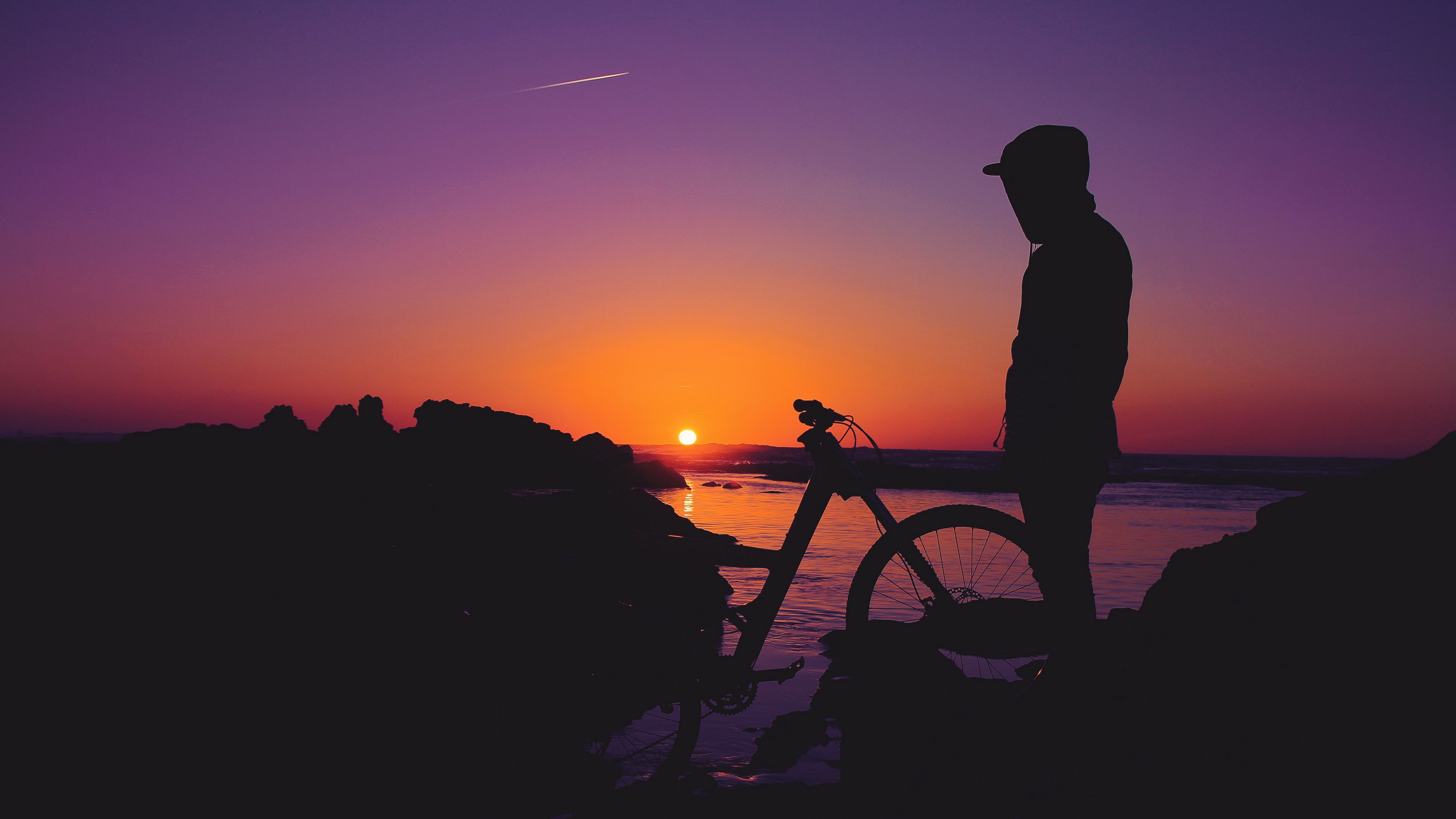 man, silhouette, bicycle, sunset, 4k, HD Wallpaper