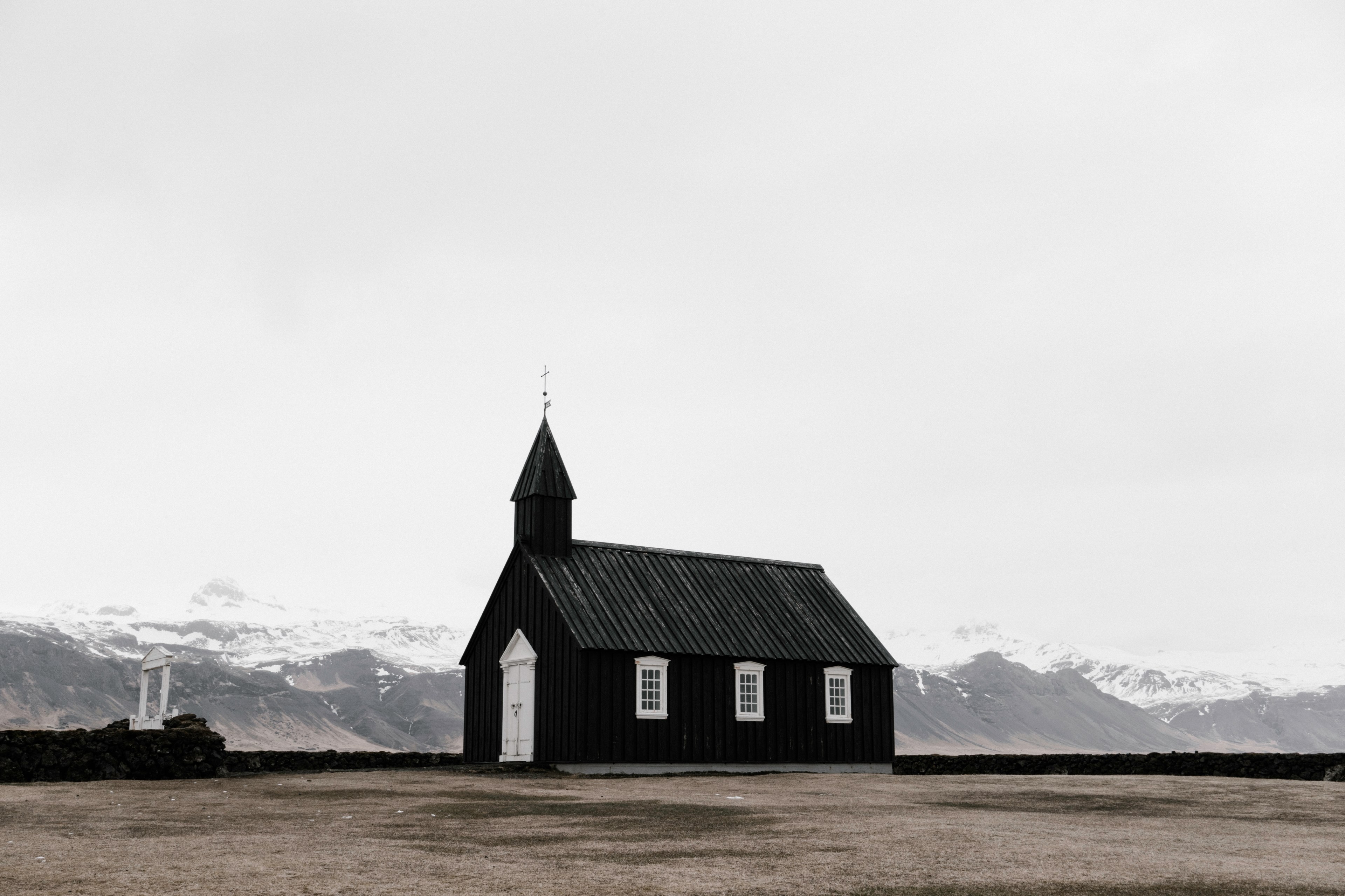 a small chapel in a plain with snowy mountains on the horizon, budir 4k, HD Wallpaper
