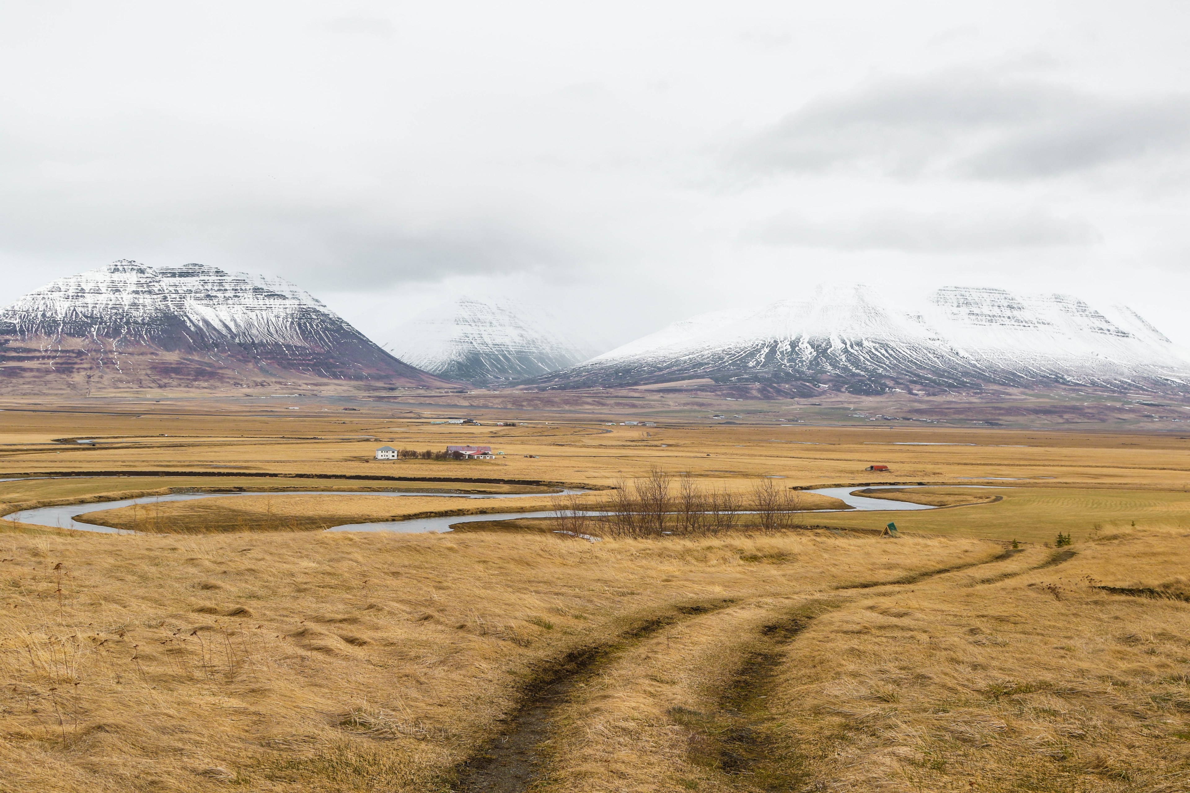several small buildings on a grass plain near snow capped table top mountains, east iceland 4k, HD Wallpaper