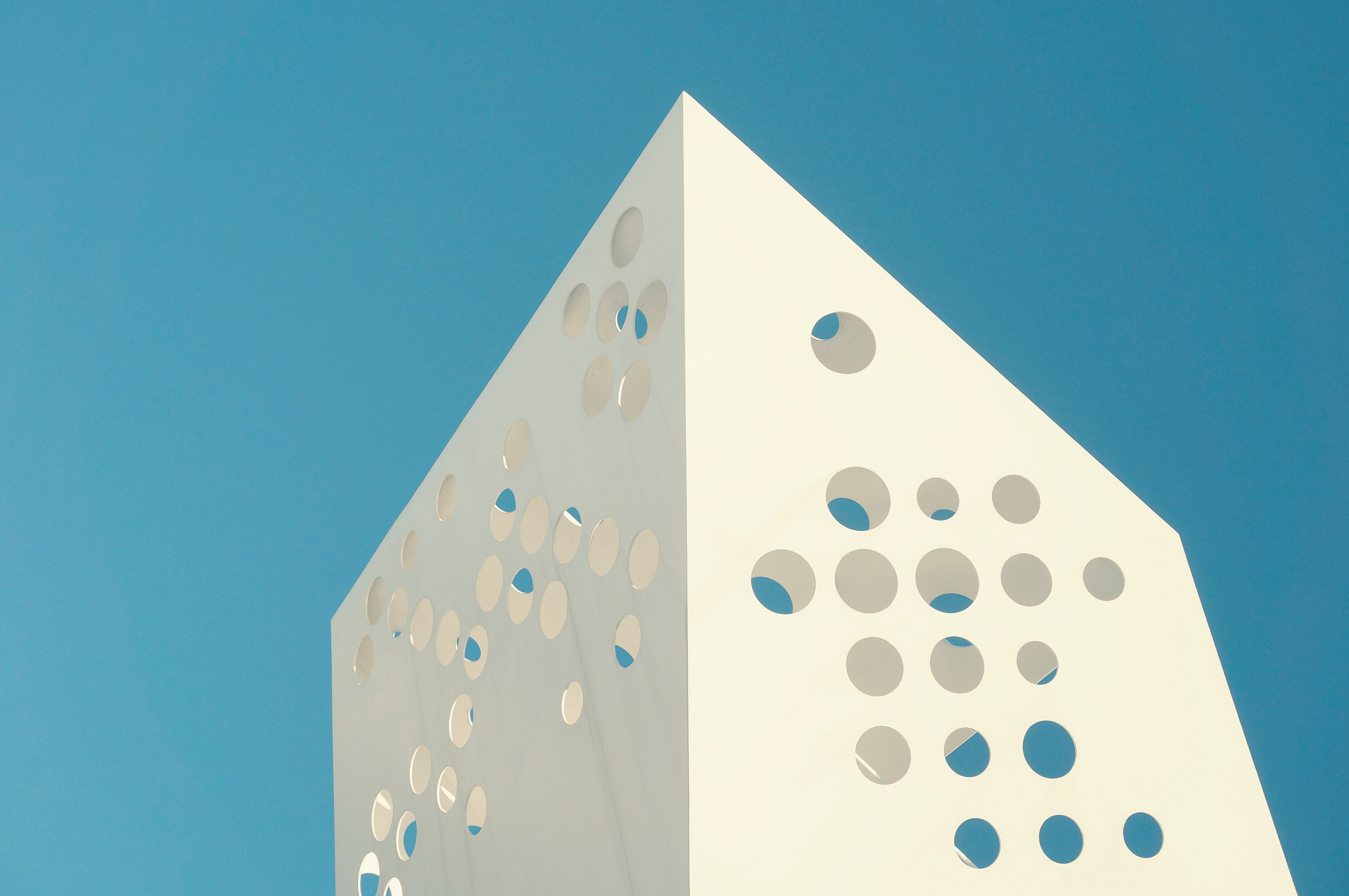 unique design on a white building with holes in denmark, swiss cheese architecture 4k, HD Wallpaper