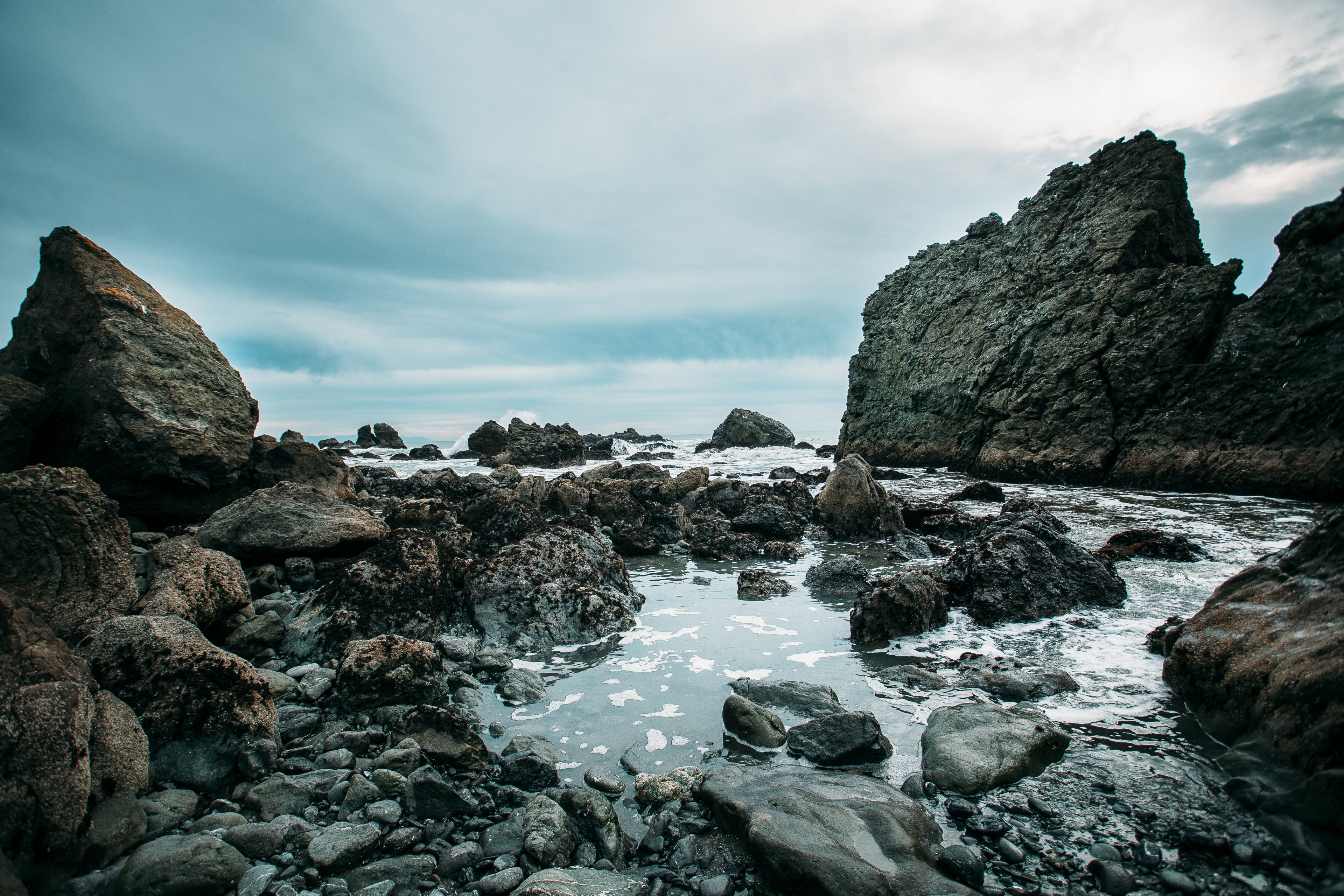 rocky coastal lagoon at the muir beach, rocky coastal lagoon 4k, HD Wallpaper