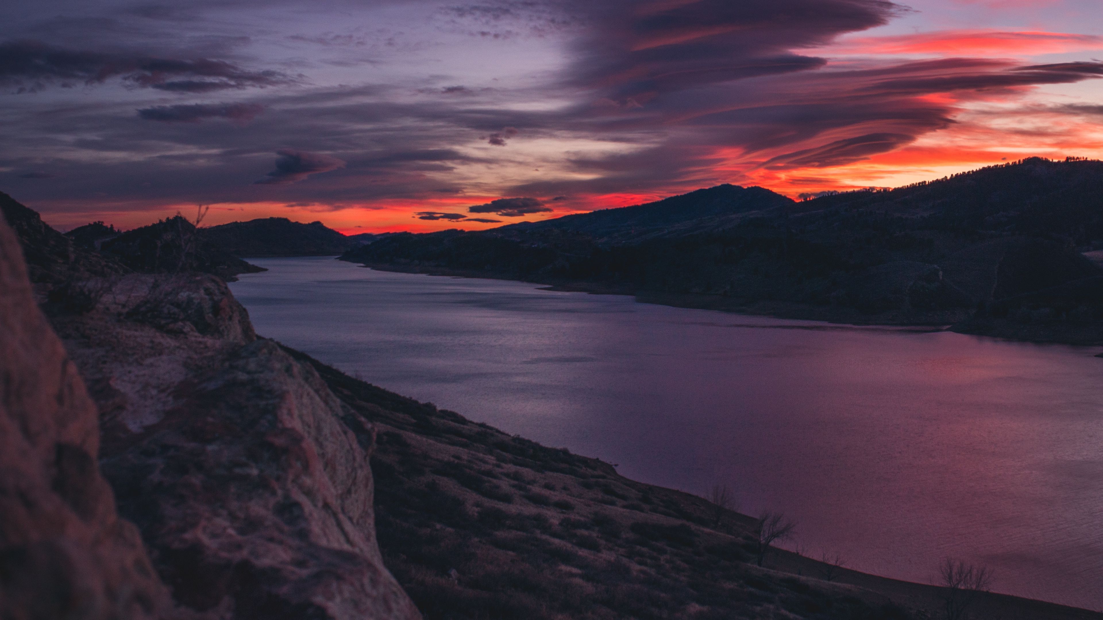 mountains, river, sunset, sky, 4k, HD Wallpaper