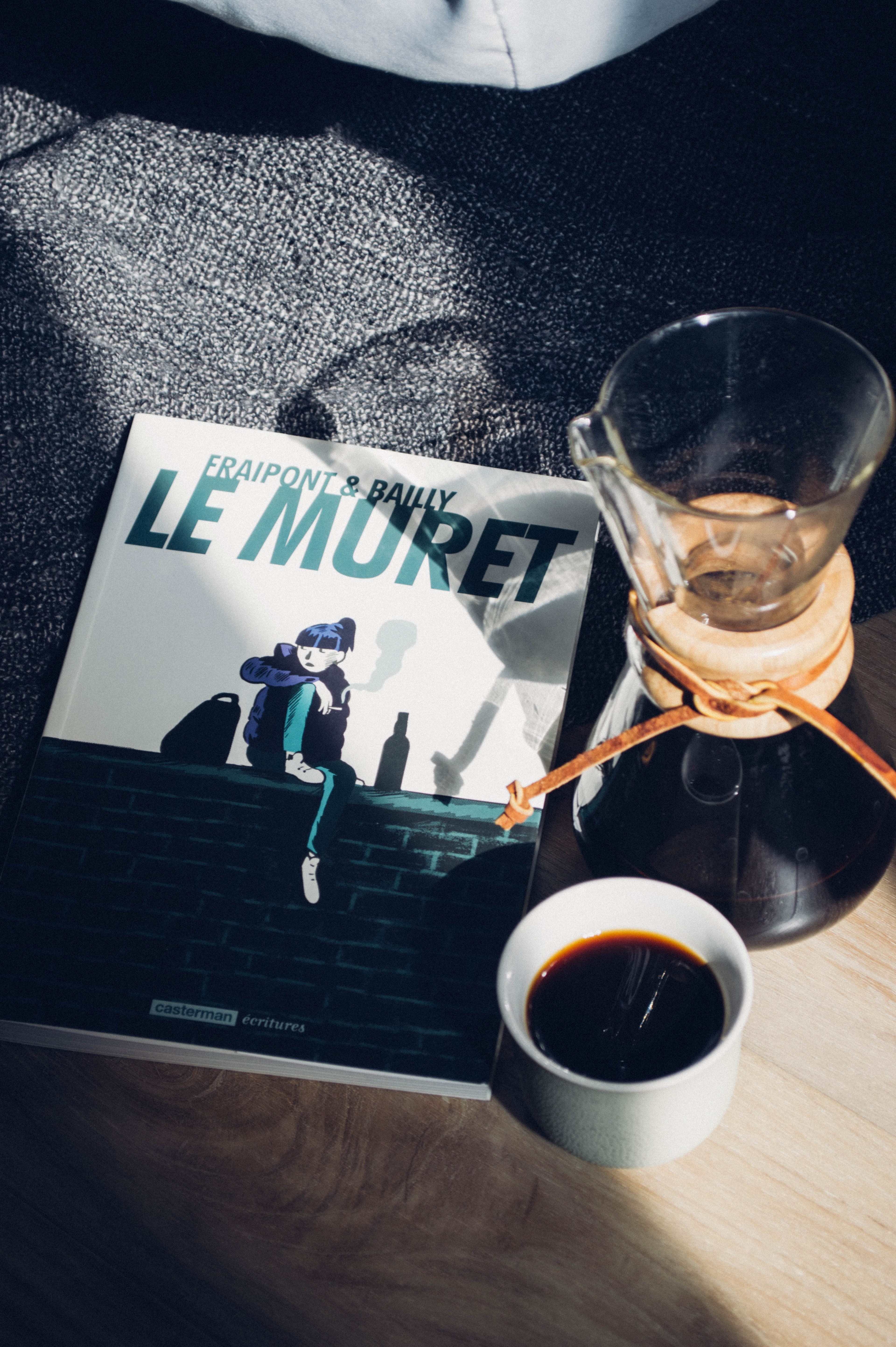 a cup of coffee and chemex sit on a wood surface aside a book, coffee chemex and book 4k, Phone HD Wallpaper