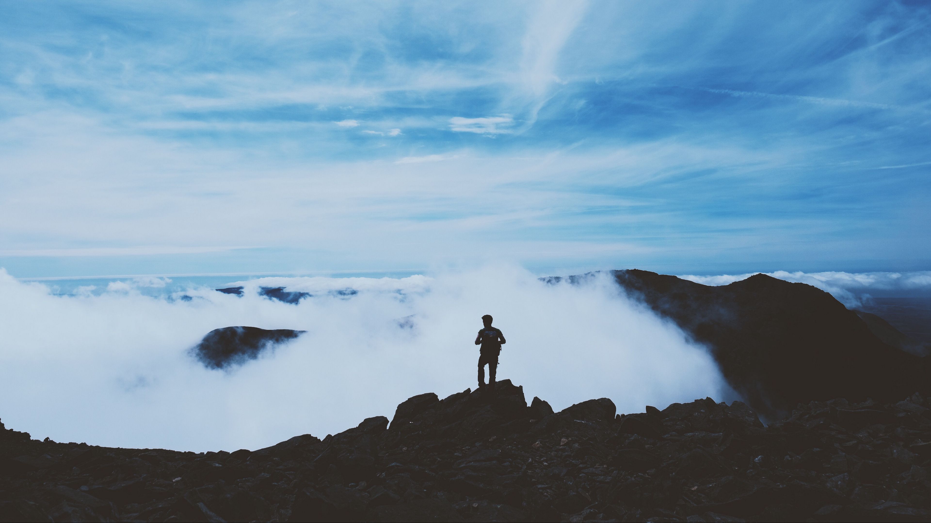 man, silhouette, mountains, clouds, top, 4k, HD Wallpaper