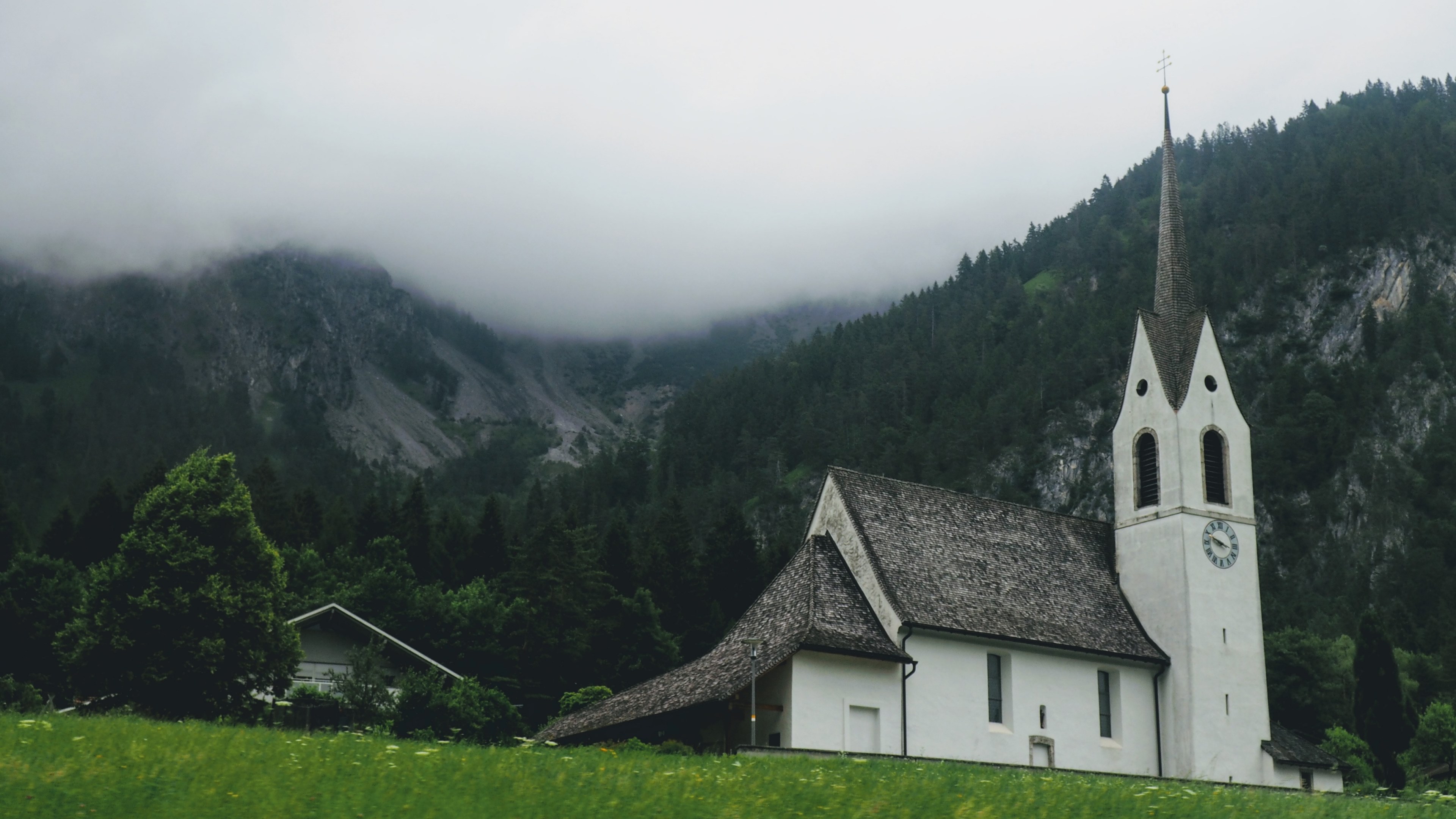church forest fog and hill 4k, HD Wallpaper