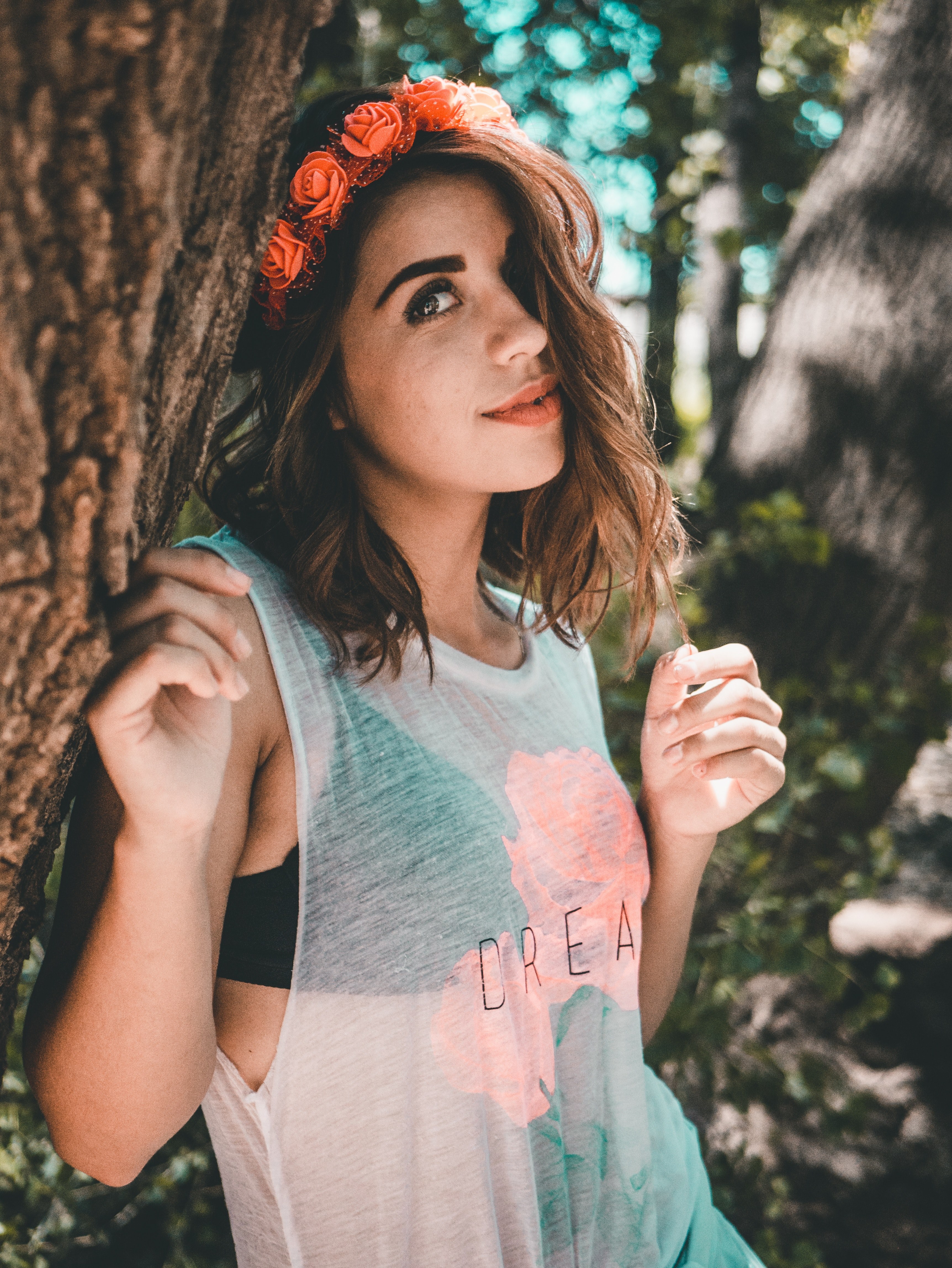 woman female trees and flowers hd, 4k, Phone HD Wallpaper