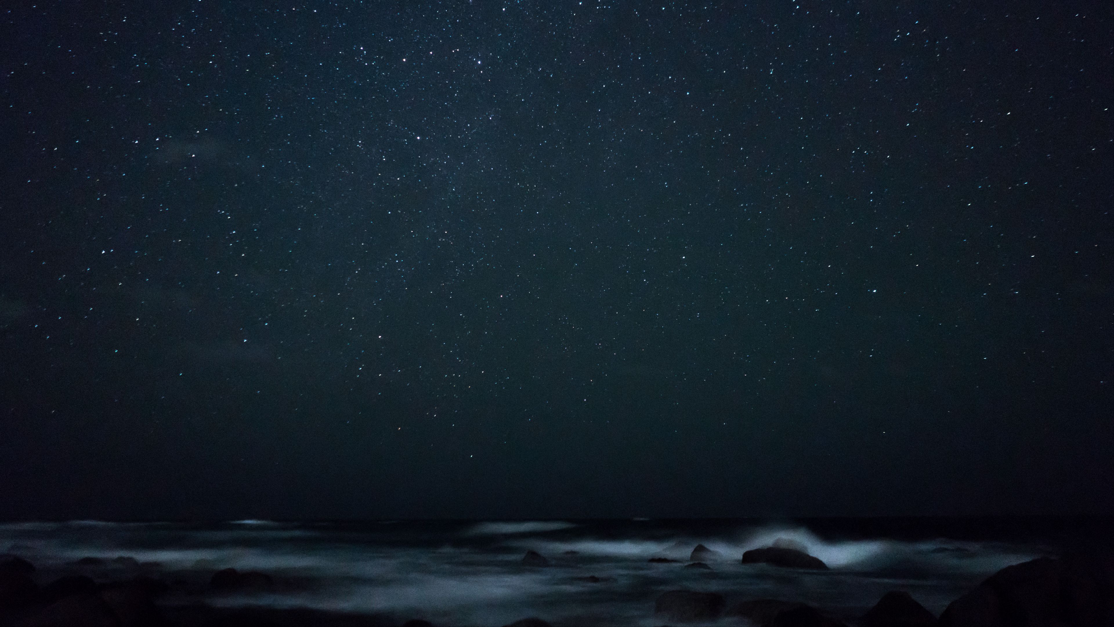 starry sky, fog, rocks, sea, 4k, HD Wallpaper