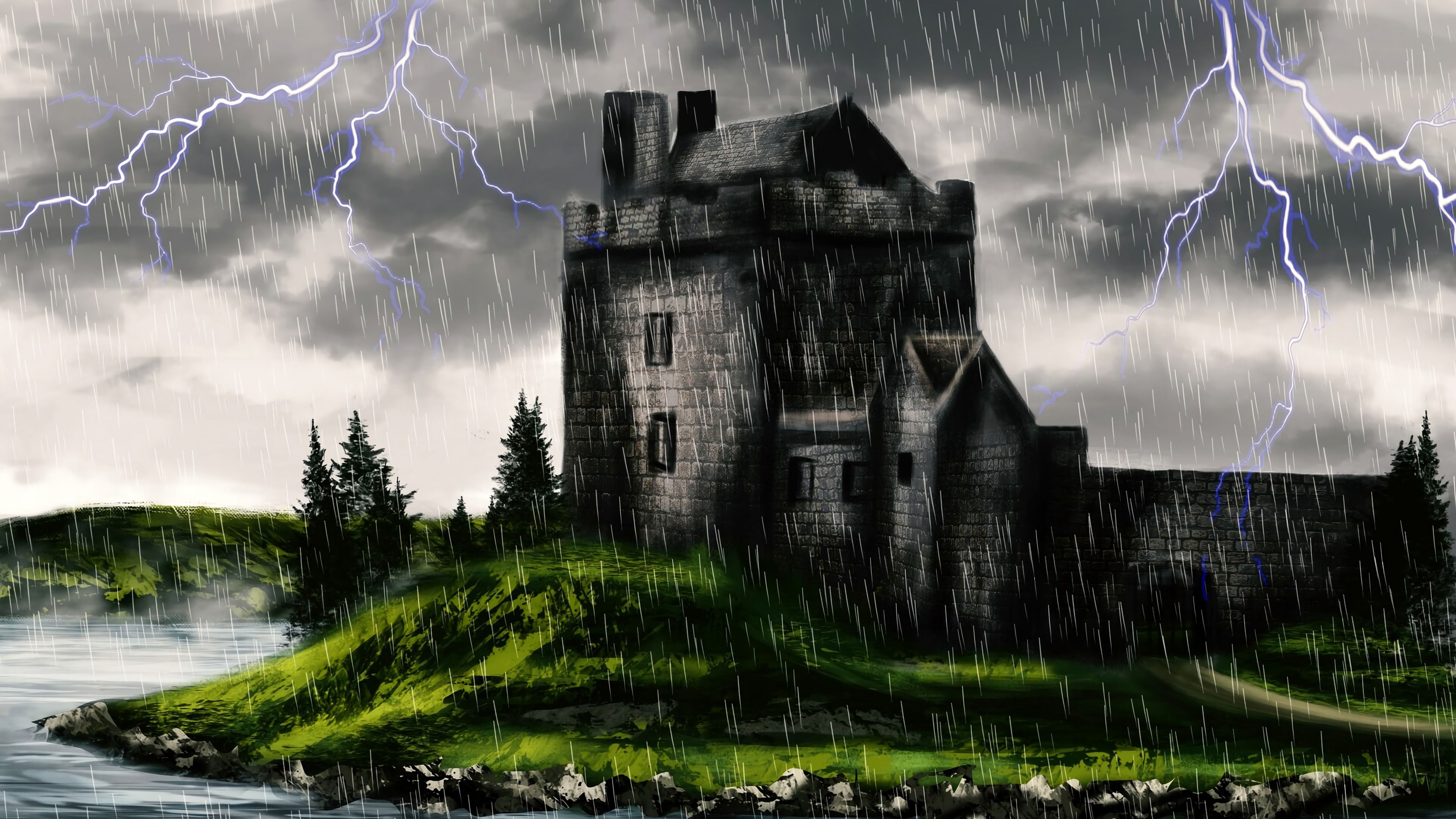 castle, gloom, rain, art, 4k, HD Wallpaper