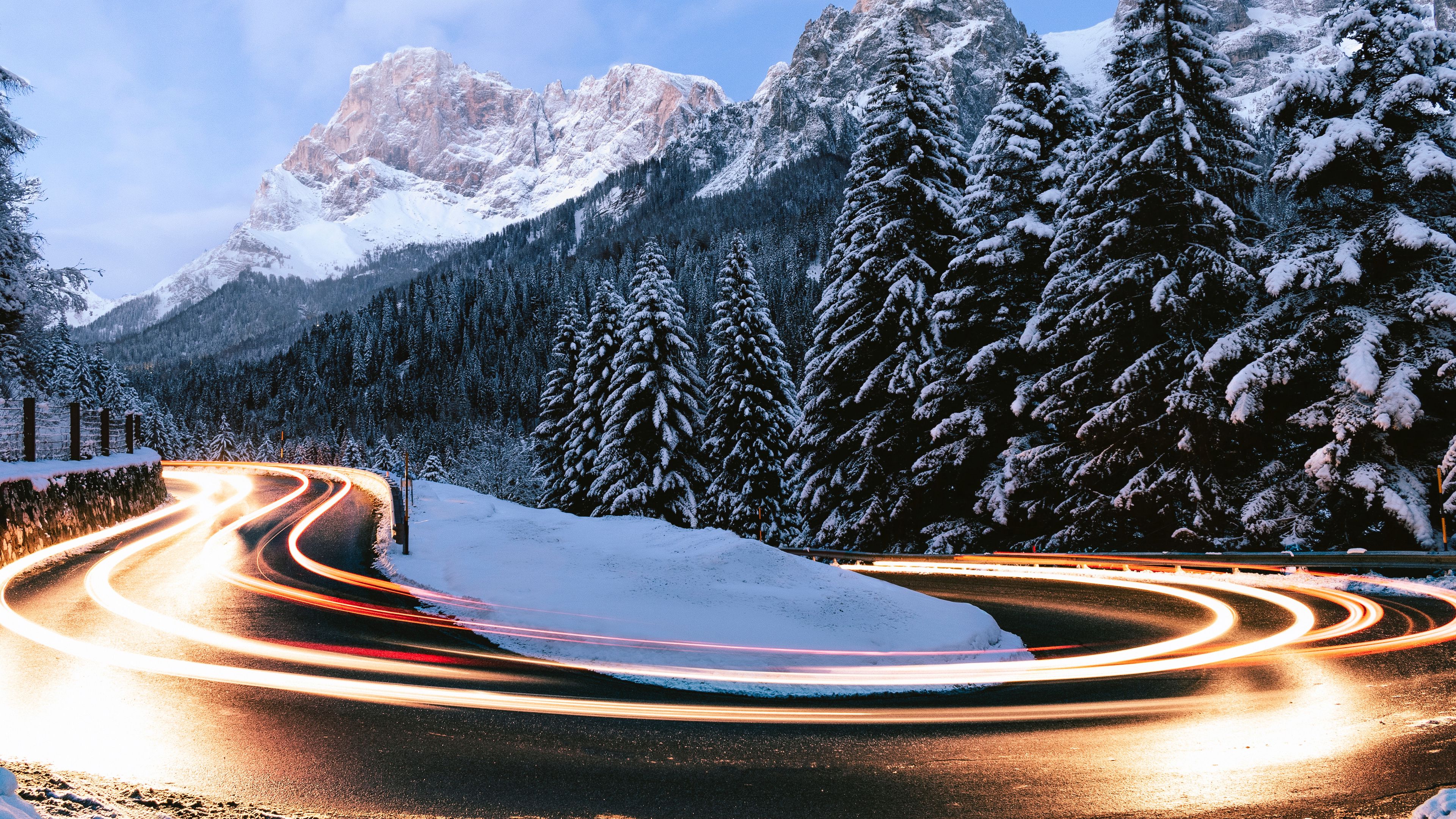 fir, winter, turn, road, snow, 4k, HD Wallpaper