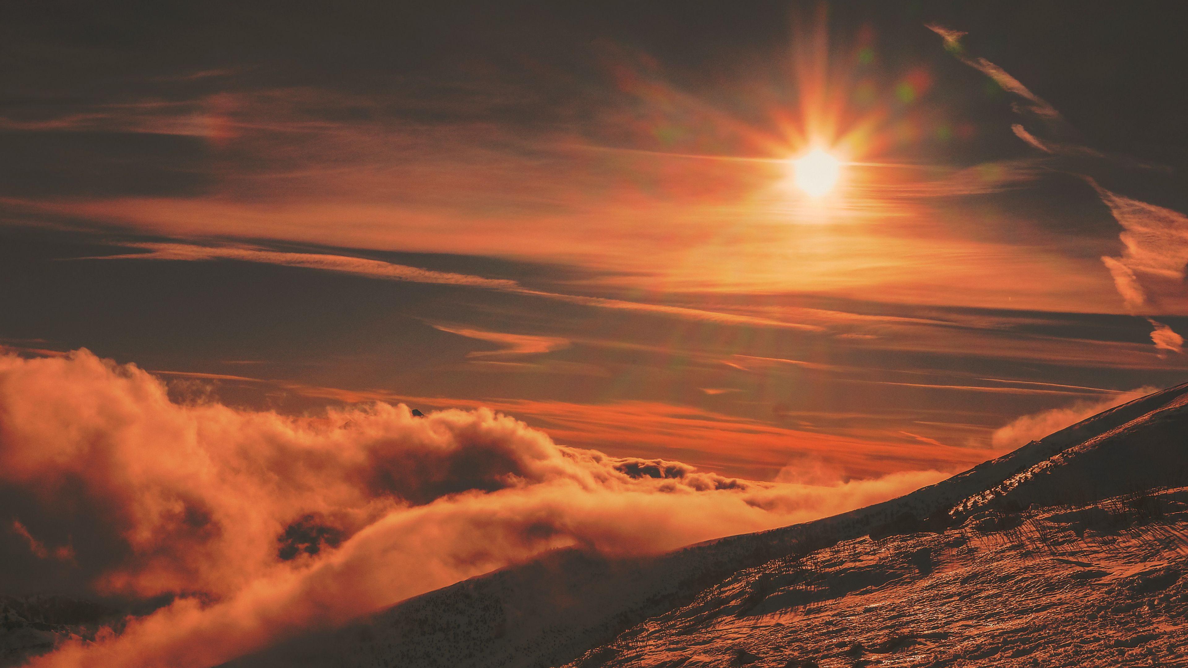 hill, snow, sunlight, 4k, HD Wallpaper