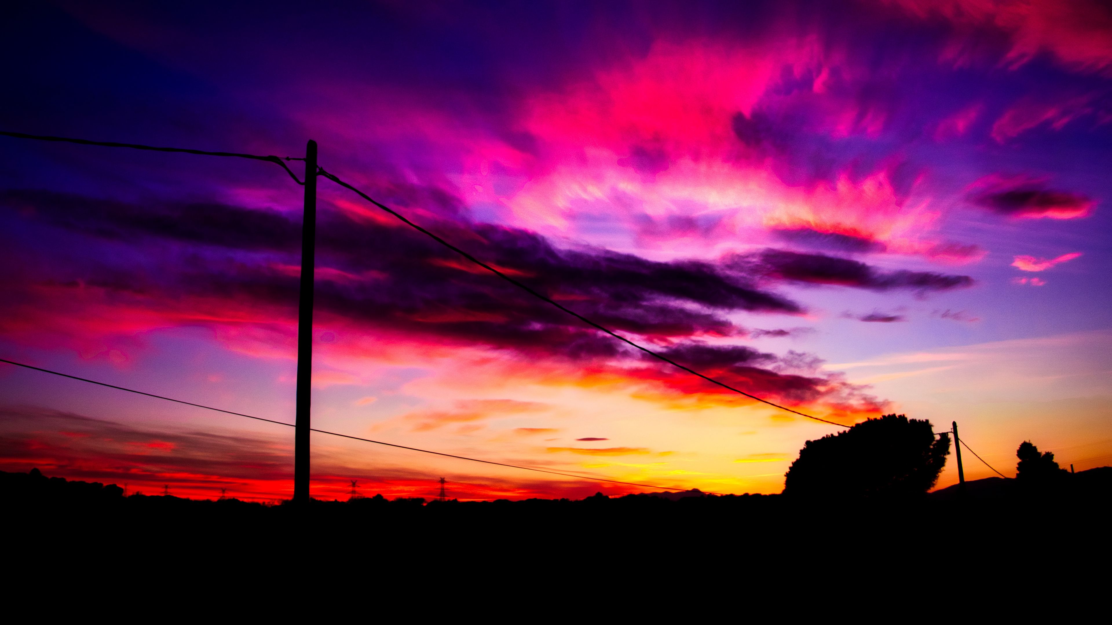 post, wires, sunset, sky, clouds, 4k, HD Wallpaper