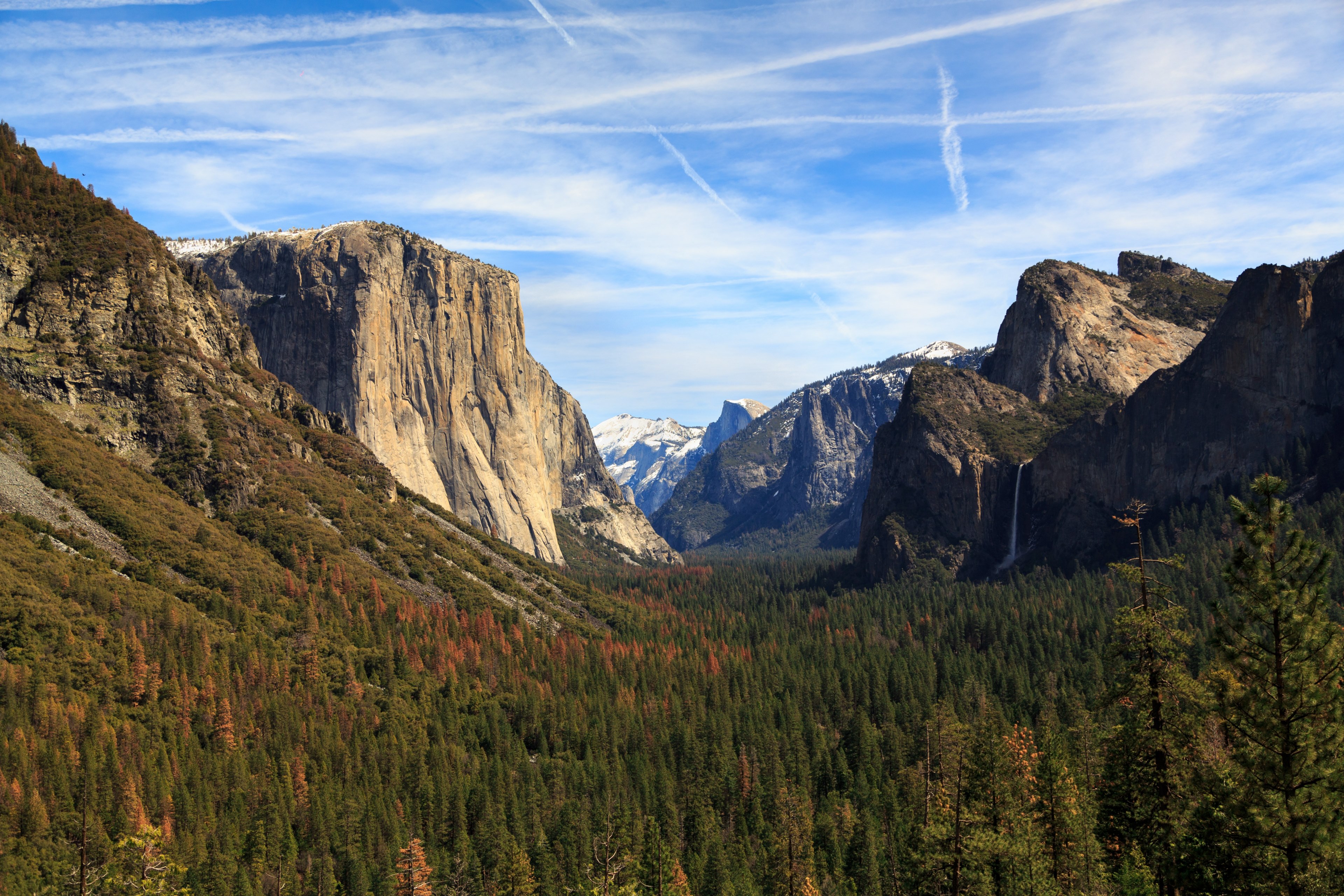 condensation trails from planes over the picturesque yosemite valley, plane trails over yosemite 4k, HD Wallpaper