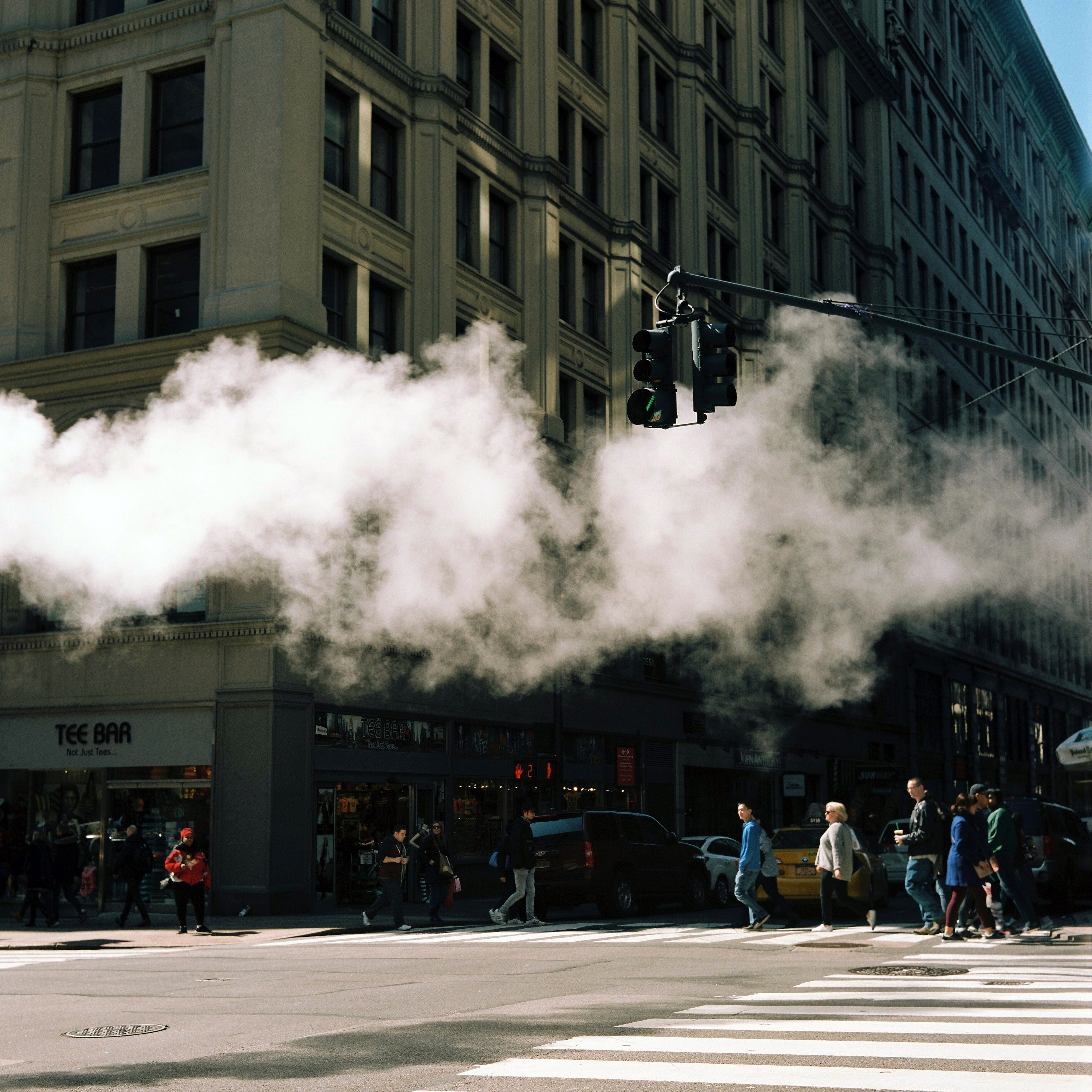 mist pedestrian street and steam 4k, HD Wallpaper