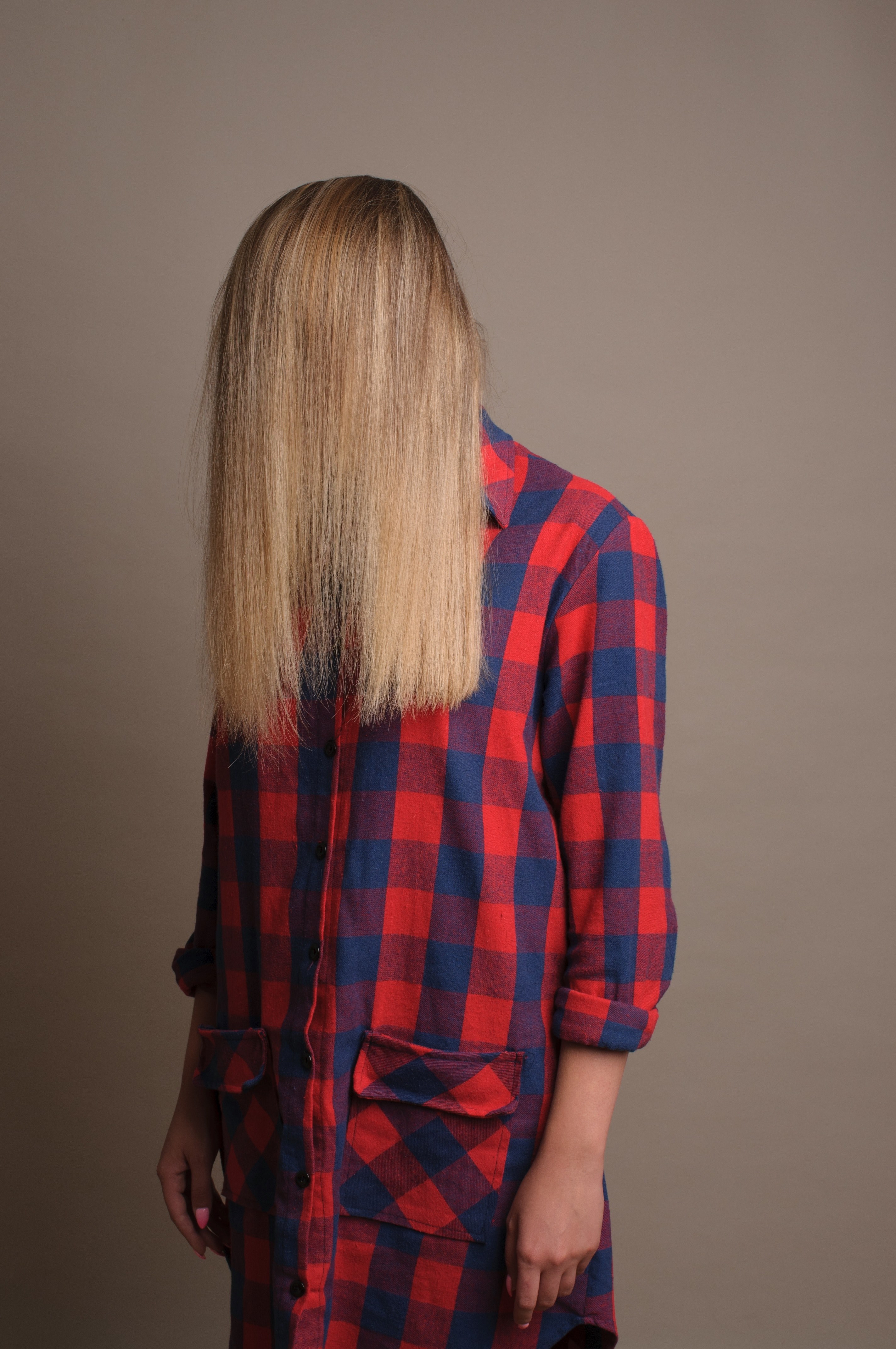 a long haired woman in a red checkered shirt with her hair covering her face, no face 4k, Phone HD Wallpaper