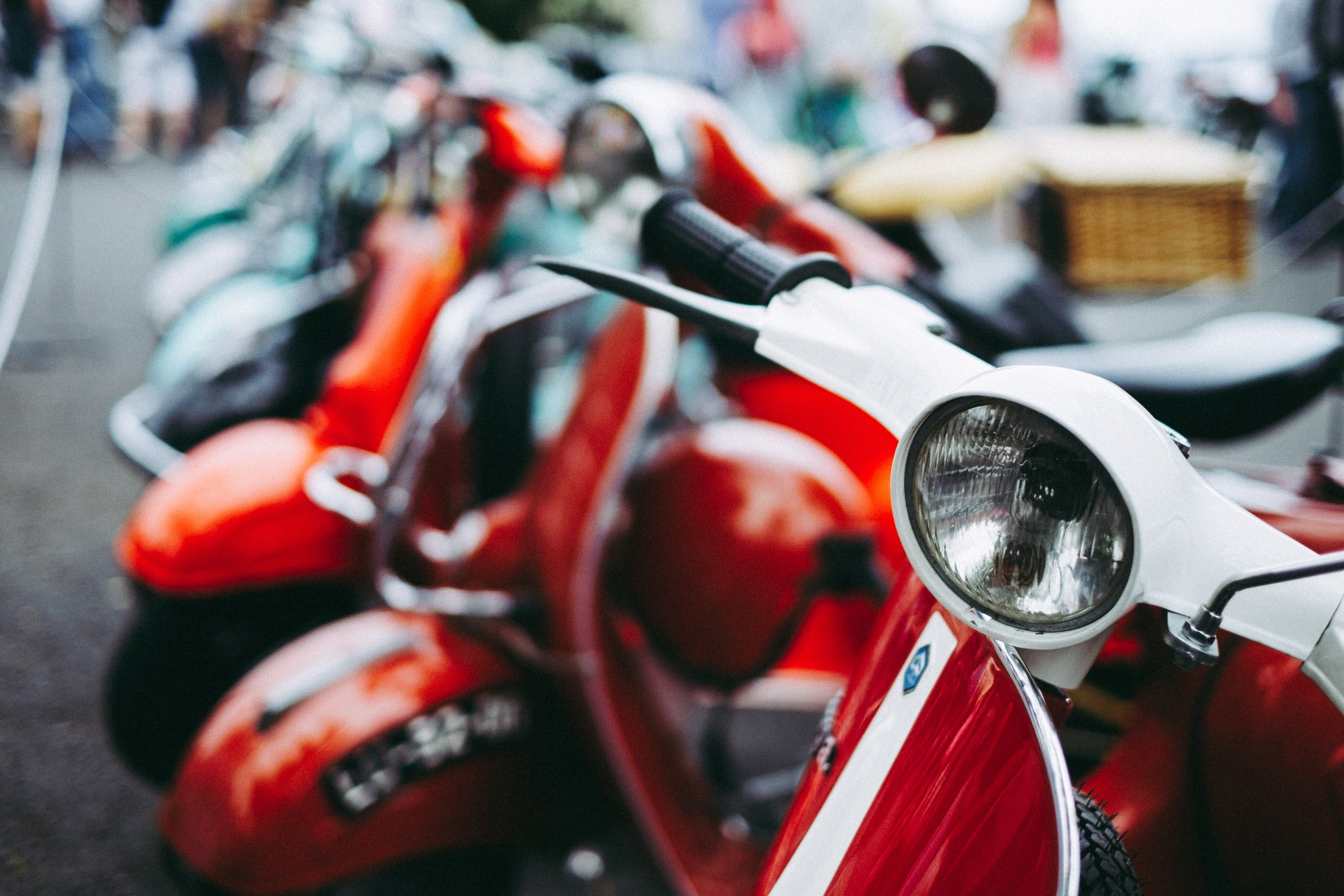 rows of red scooters in a street, rows of red scooters 4k, HD Wallpaper