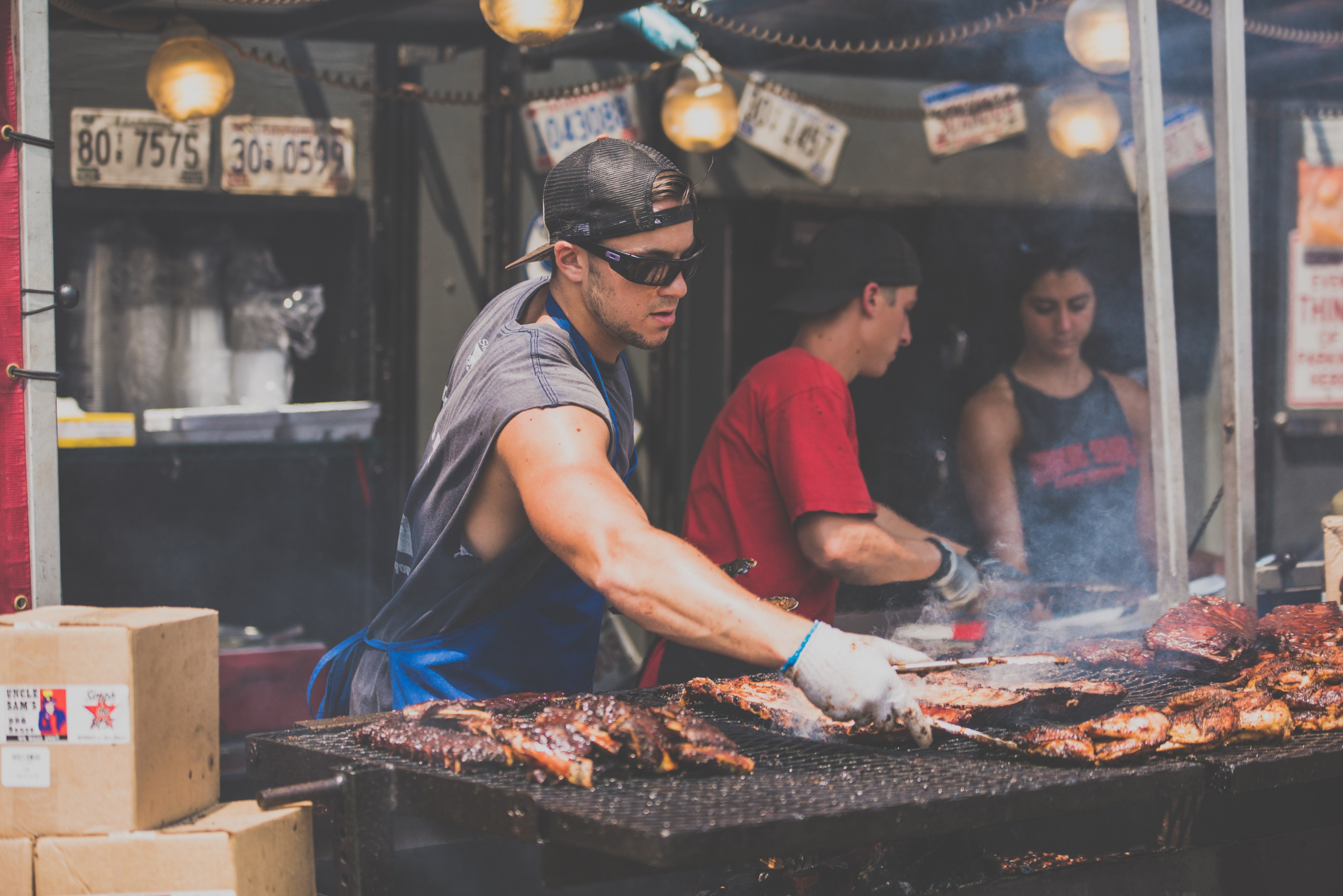 chef grilling ribs and meat on a smokey barbecue, man cooking pork 4k, HD Wallpaper