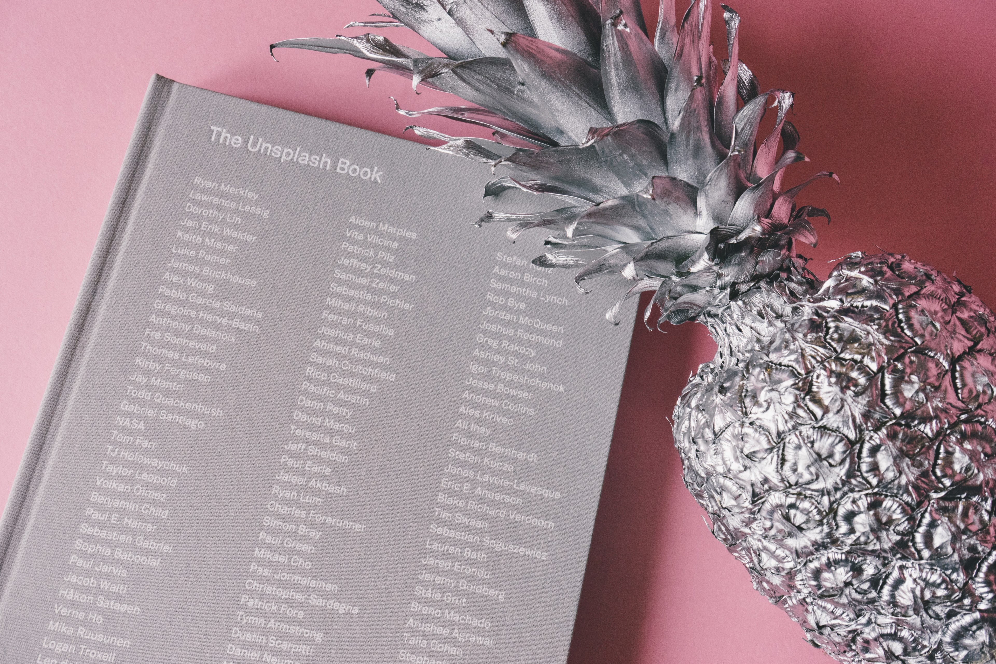 a gray painted pineapple next to a gray hardback book, _gray pineapple 4k, HD Wallpaper
