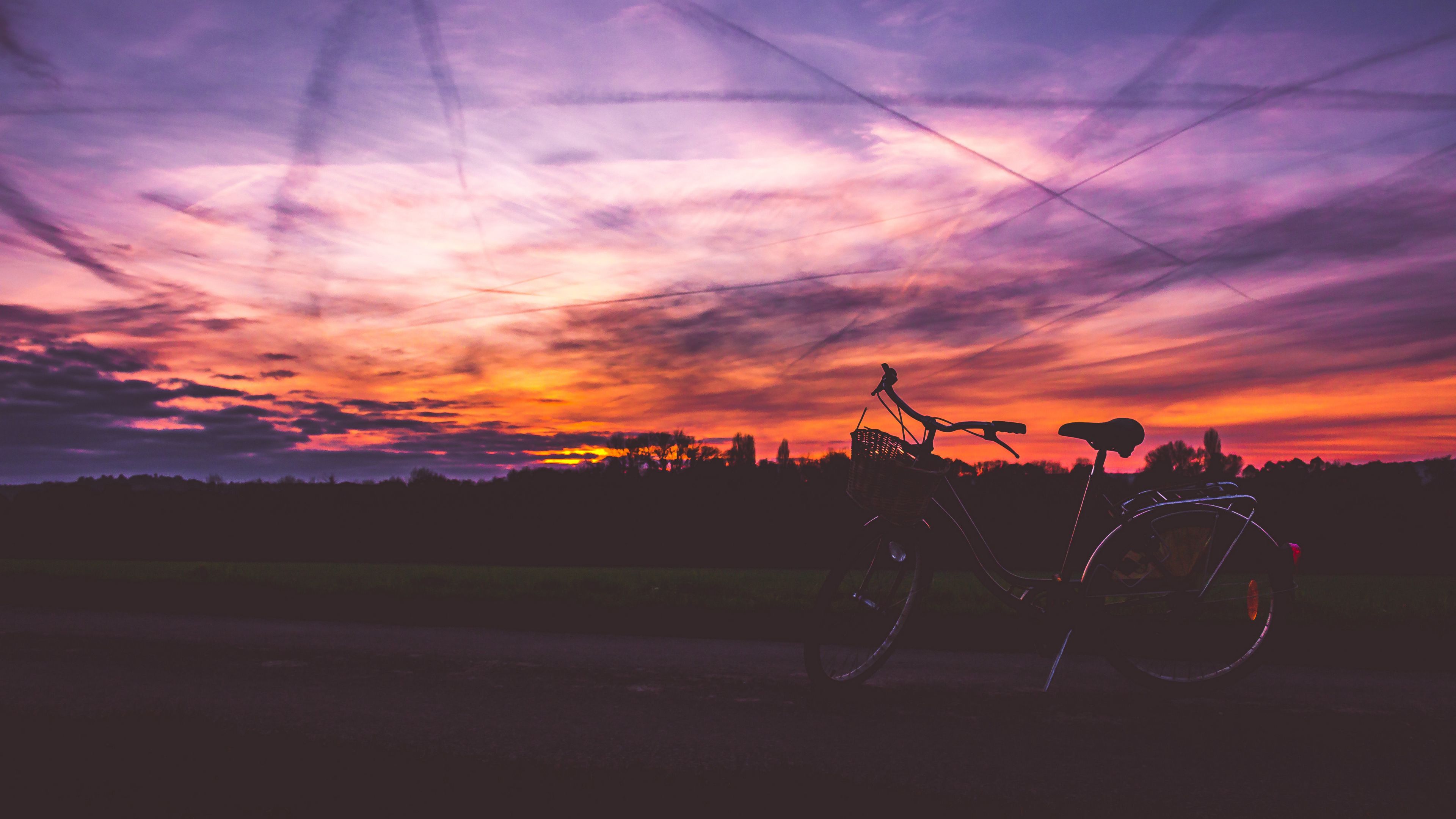 bicycle, sunset, sky, road, 4k, HD Wallpaper