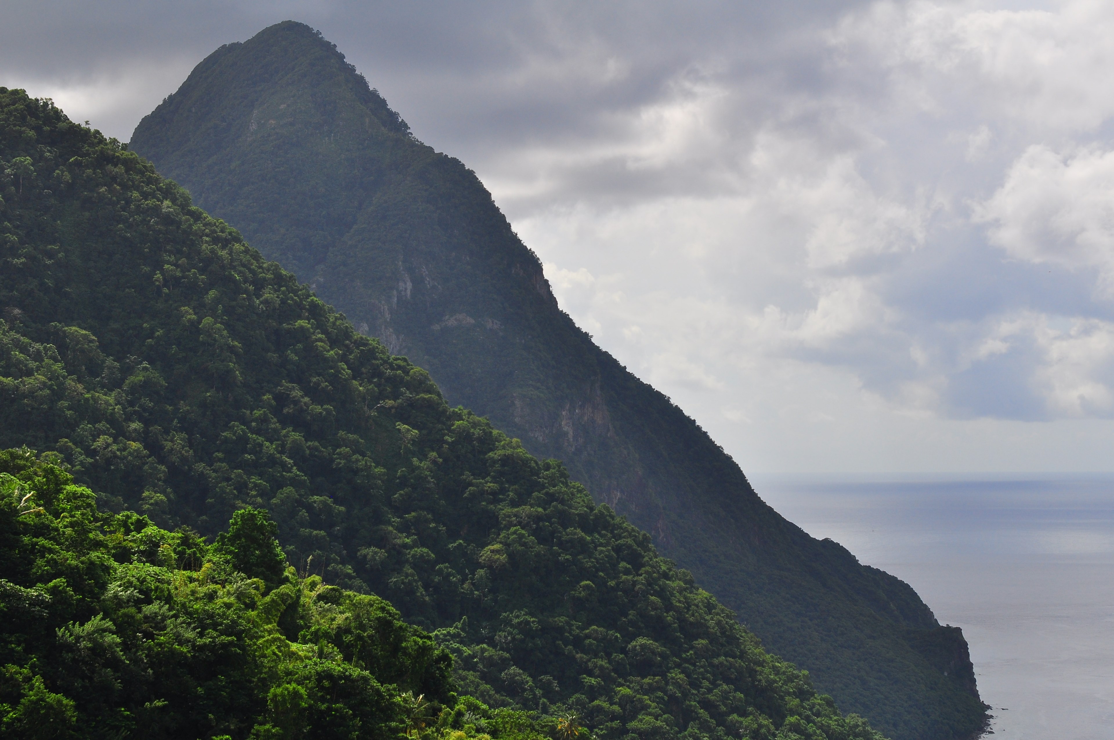 a tall wooded mountain peak at the seashore, mountain by the sea 4k, HD Wallpaper