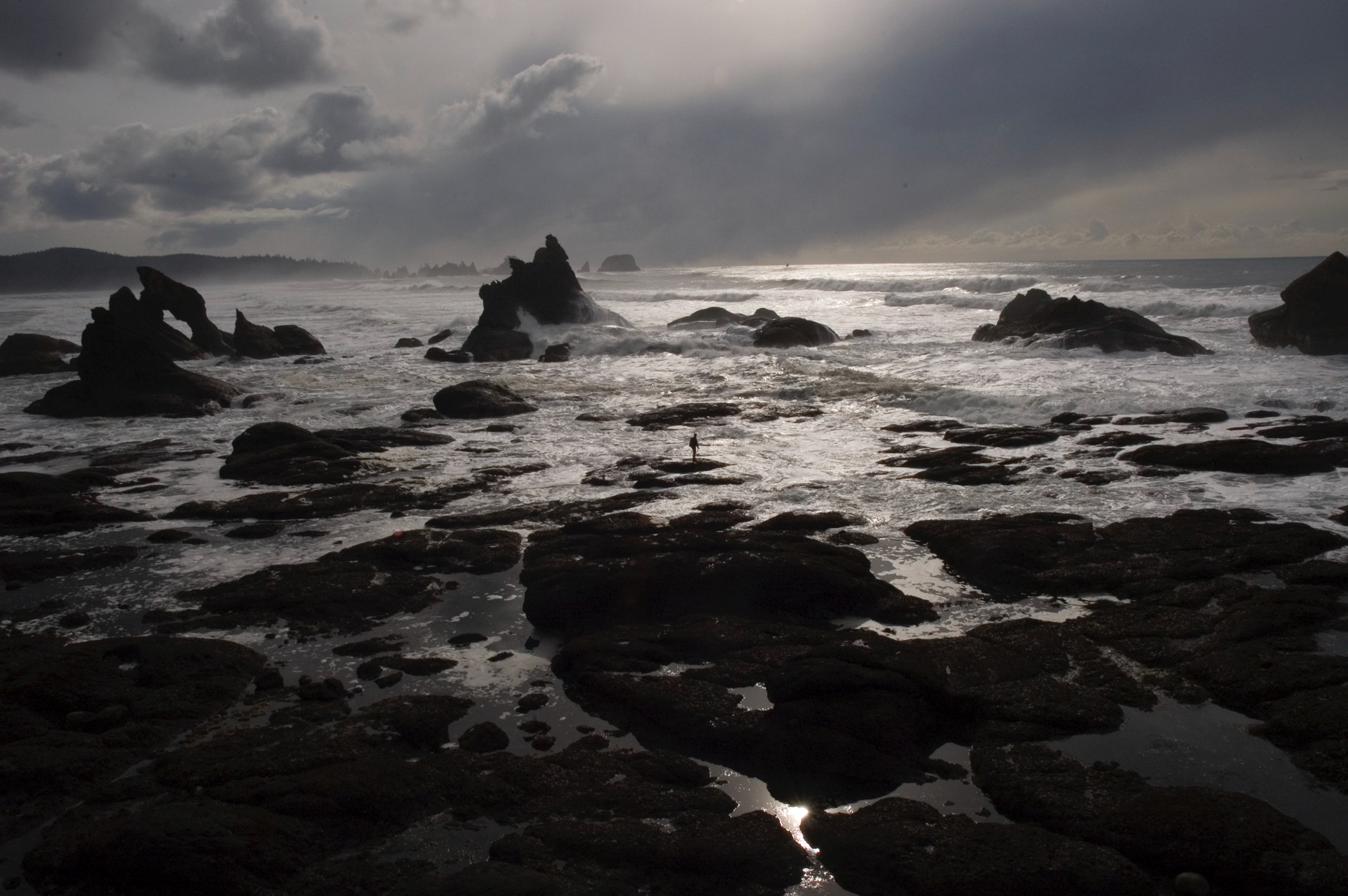 person standing on the rock while rough ocean is splashing the rocky coast at shi shi beach, rough ocean splashing coast 4k, HD Wallpaper