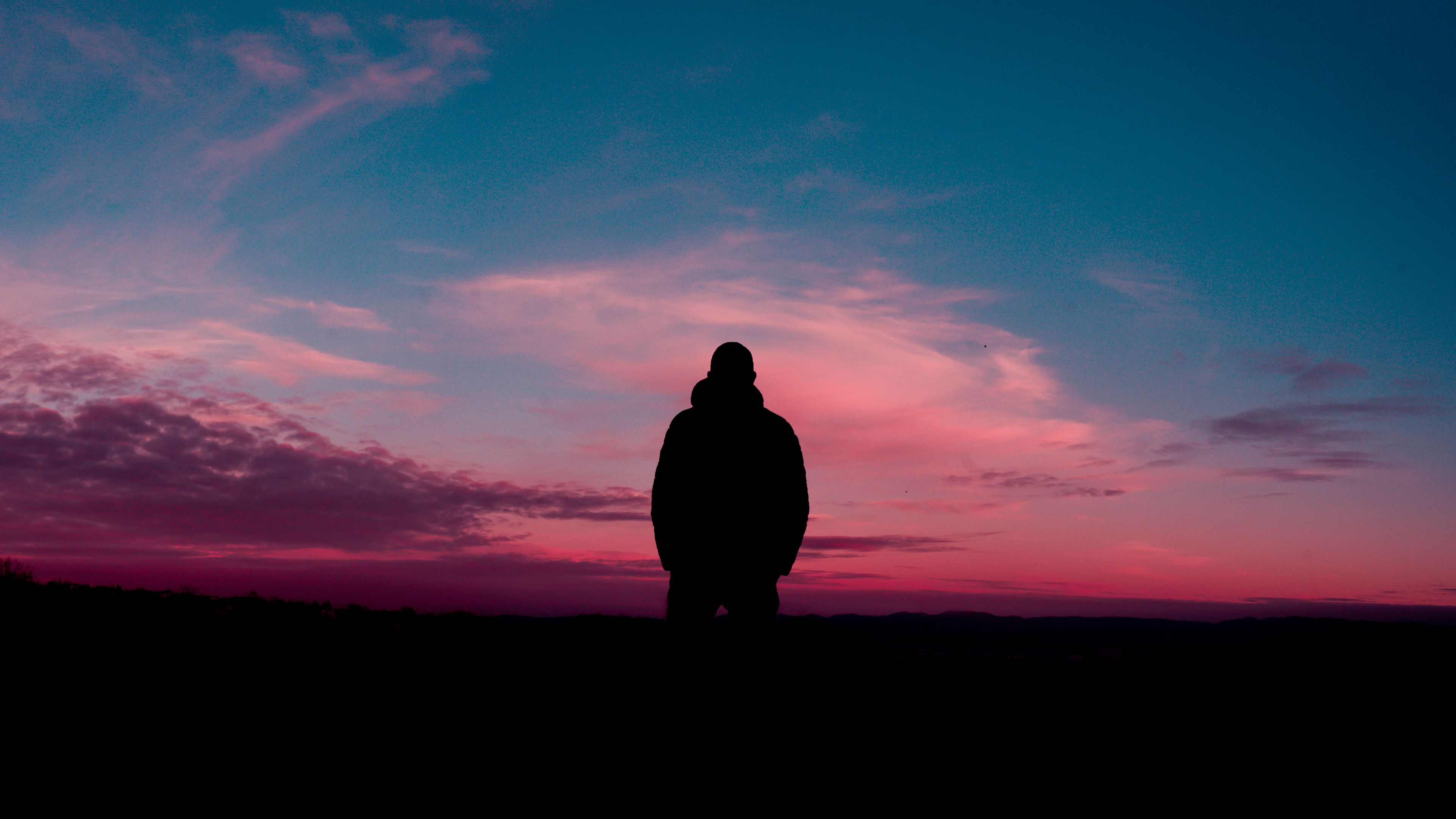 man, silhouette, sky, night, 4k, HD Wallpaper