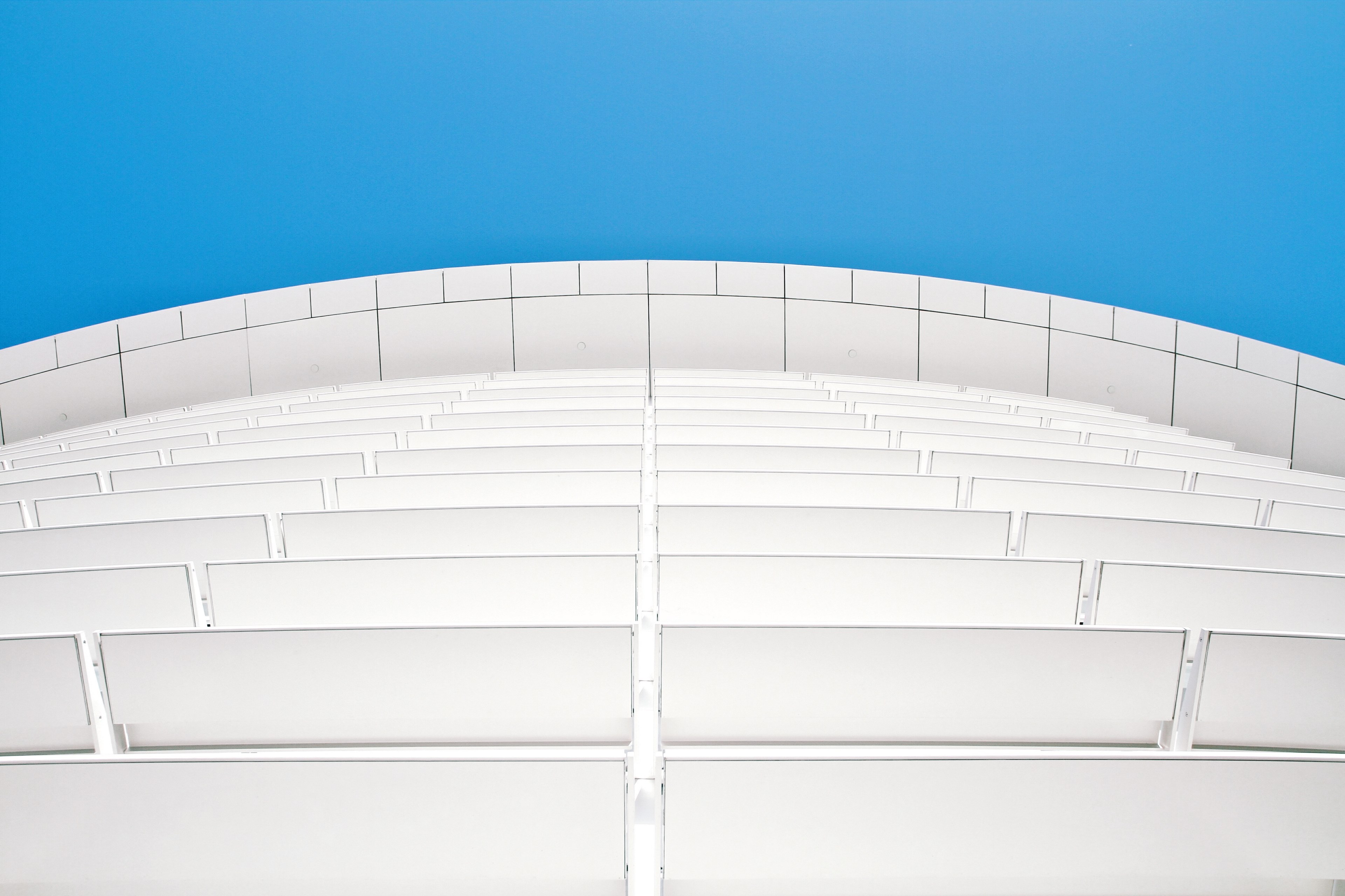 a low angle shot of a white facade with white panels, white panels on modern facade 4k, HD Wallpaper