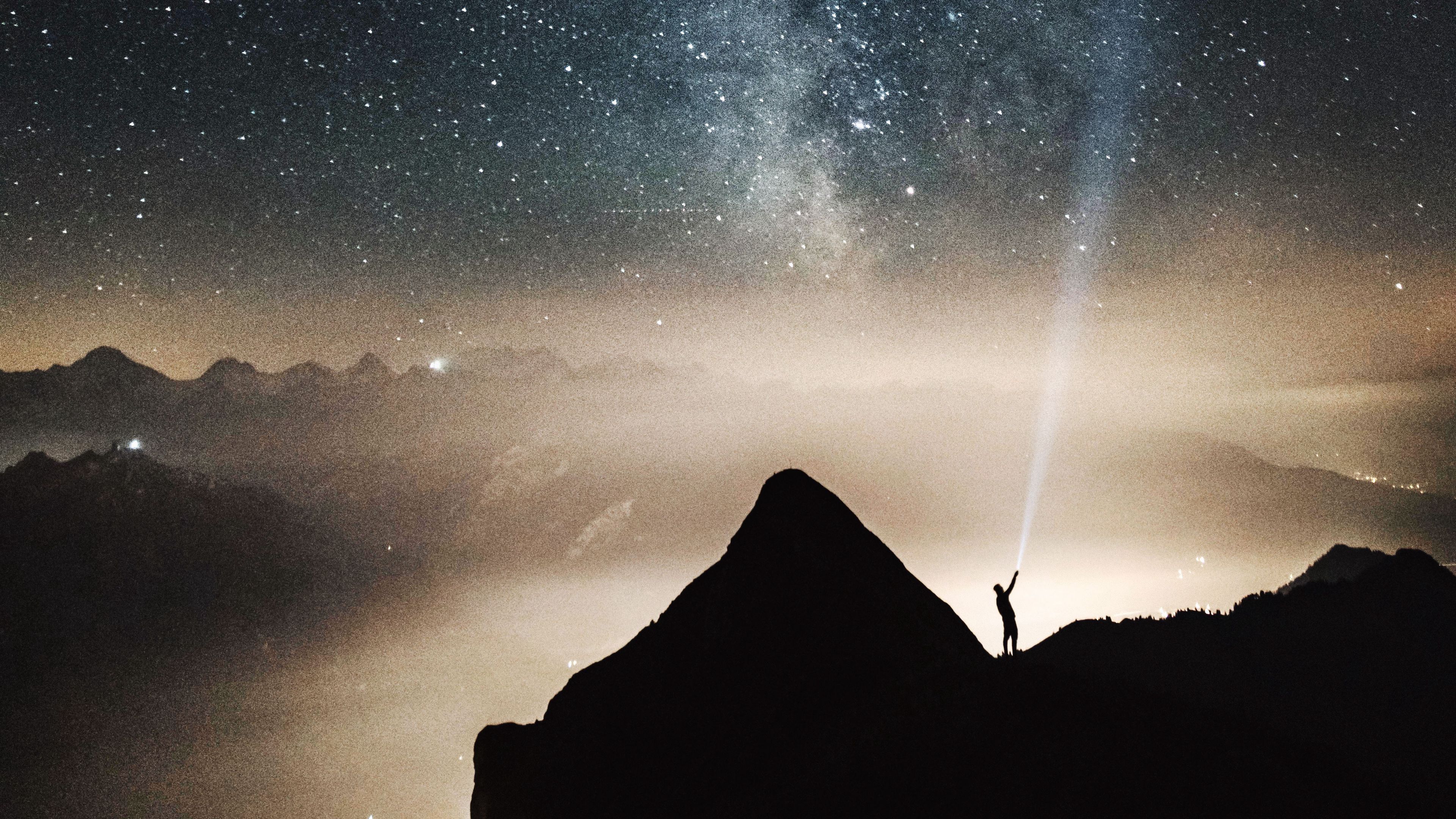 silhouette, starry sky, lighting, mountains, 4k, HD Wallpaper
