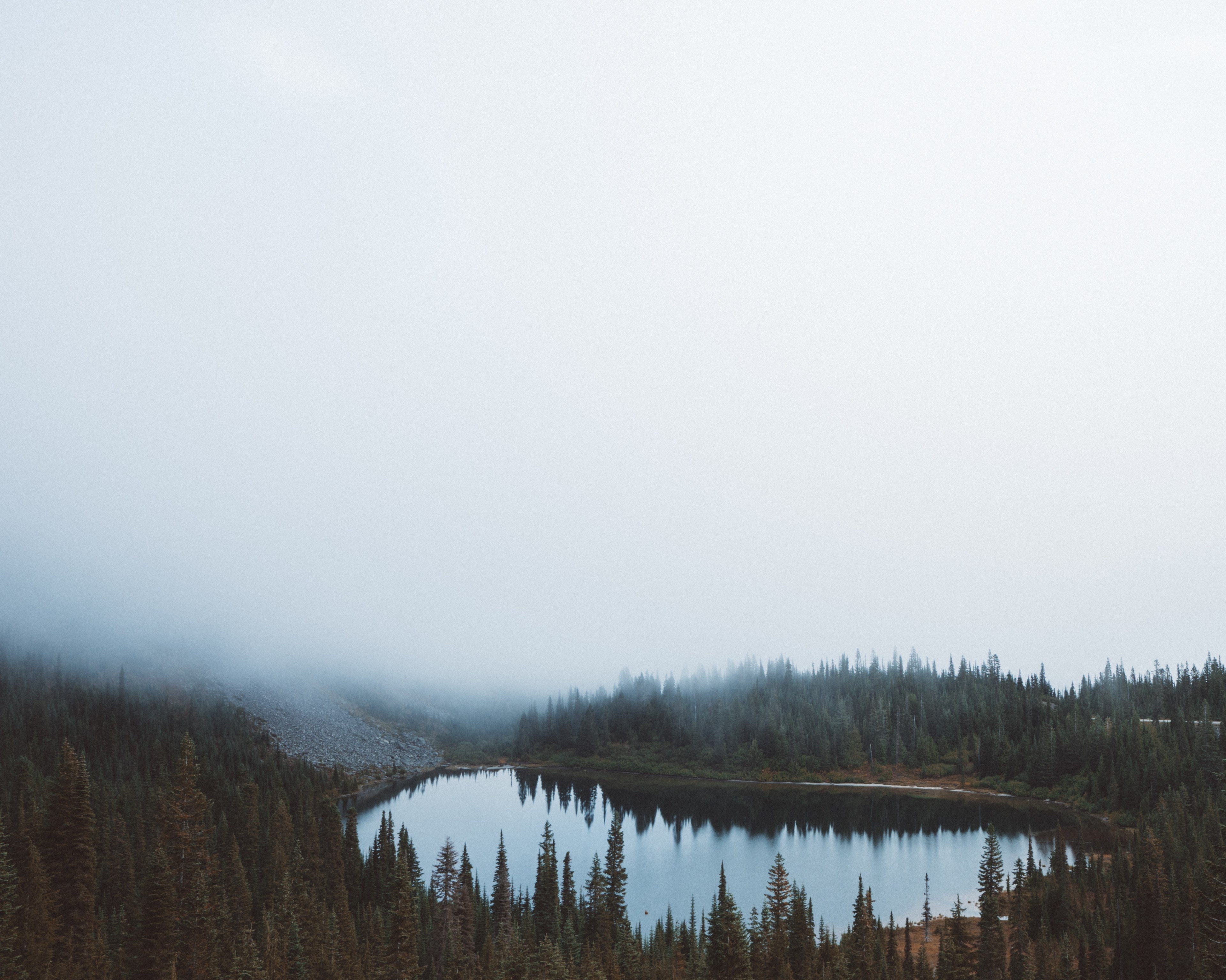 fog descending upon a small lake surrounded by trees, small tree lined lake 4k, HD Wallpaper