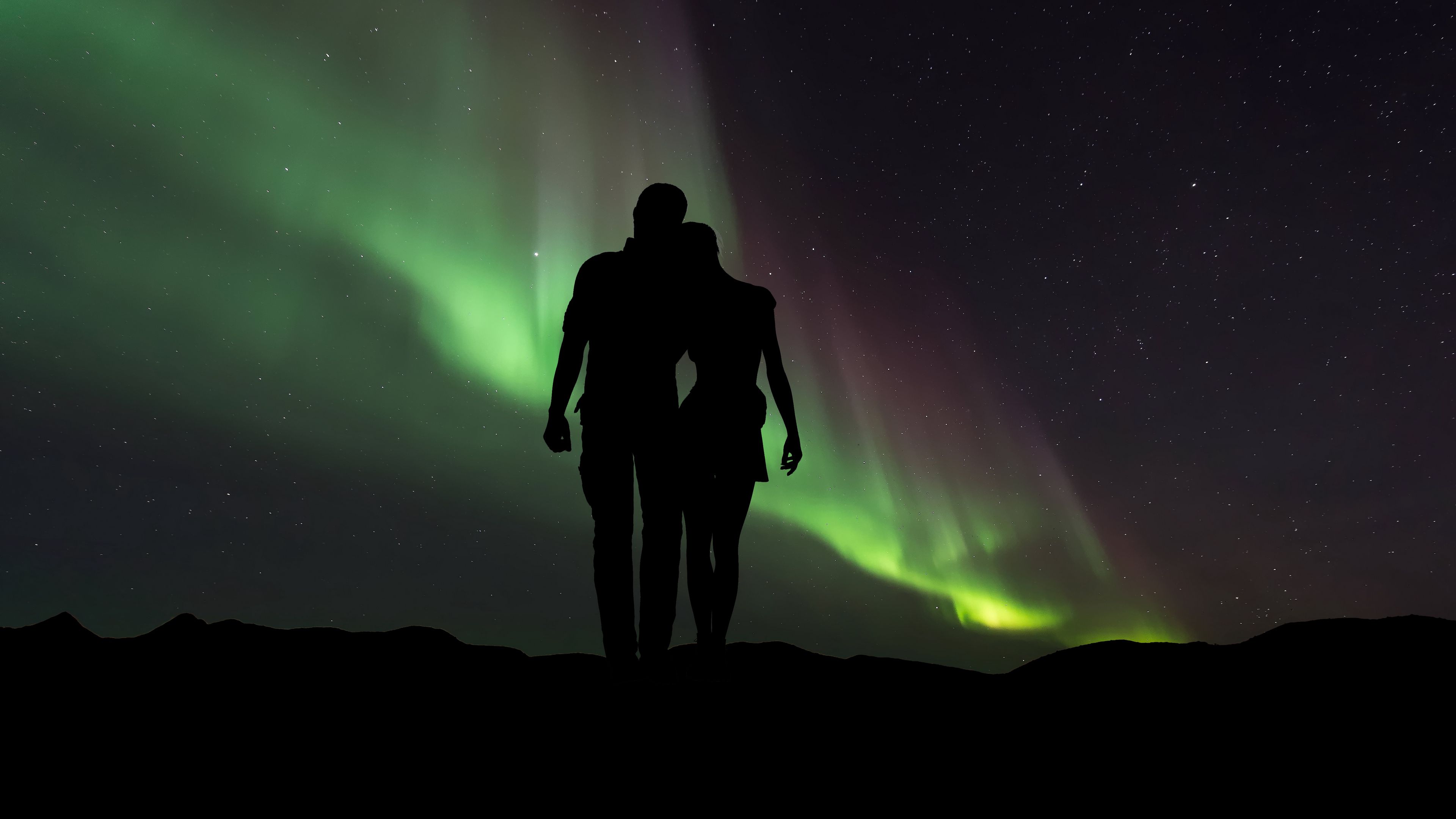 couple, silhouettes, starry sky, 4k, HD Wallpaper