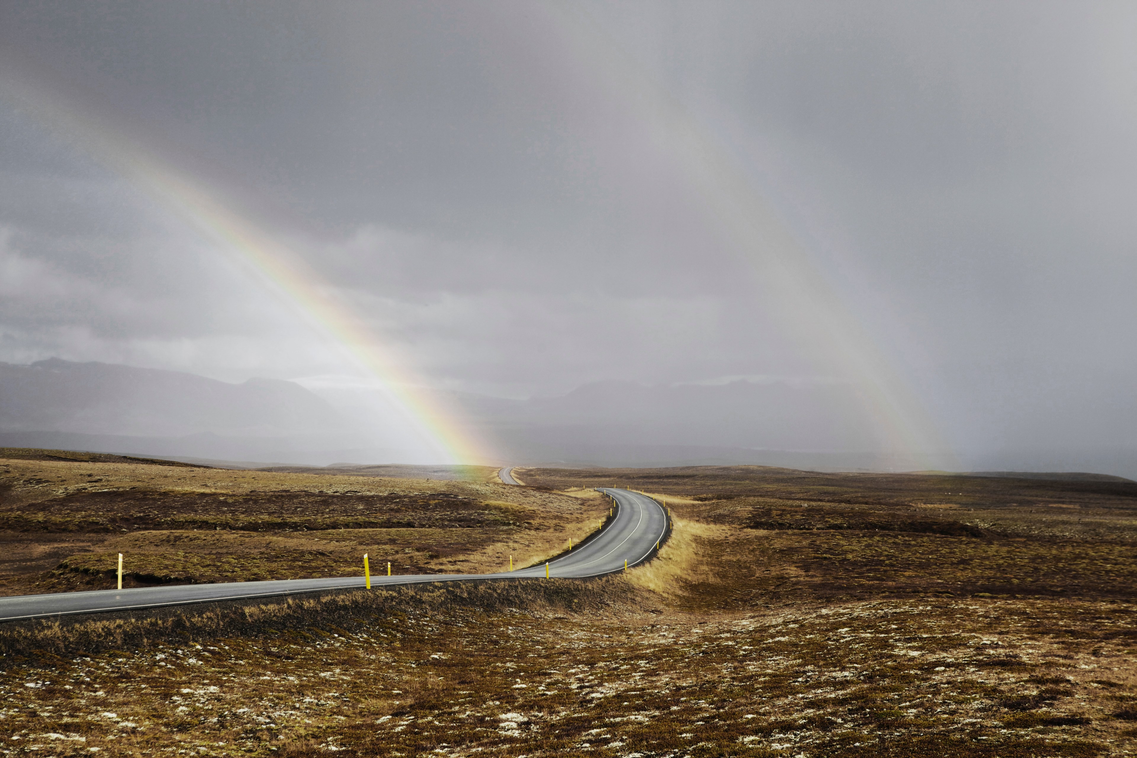 rainbow highway double rainbow and winding road 4k, HD Wallpaper