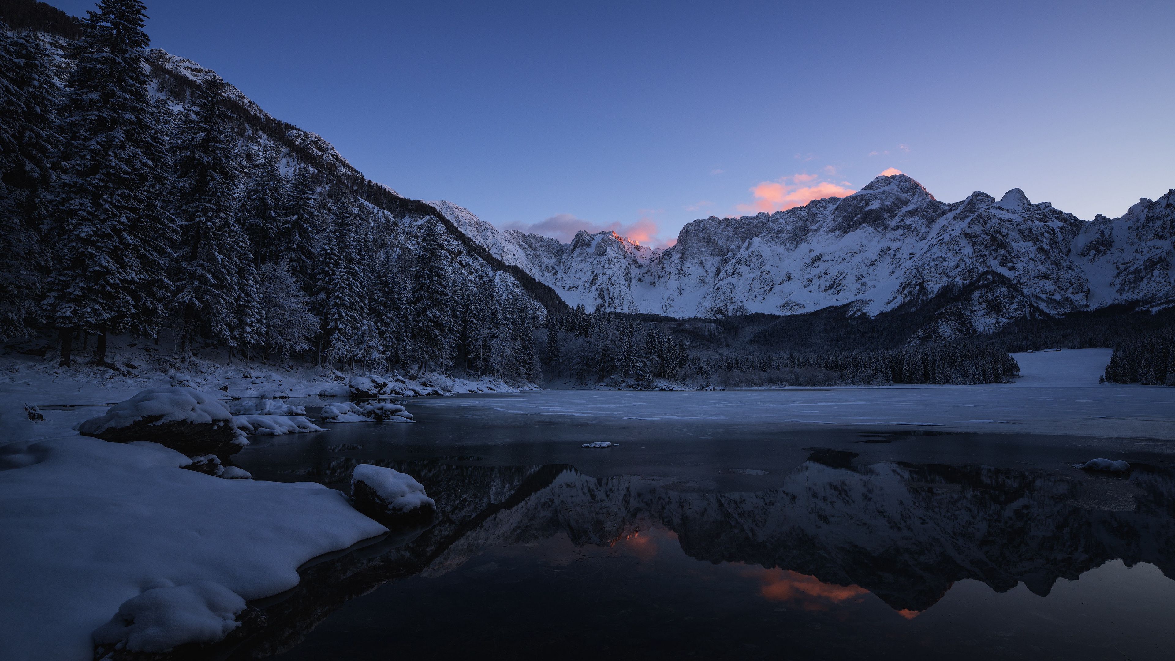mountains, snow, lake, water, 4k, HD Wallpaper