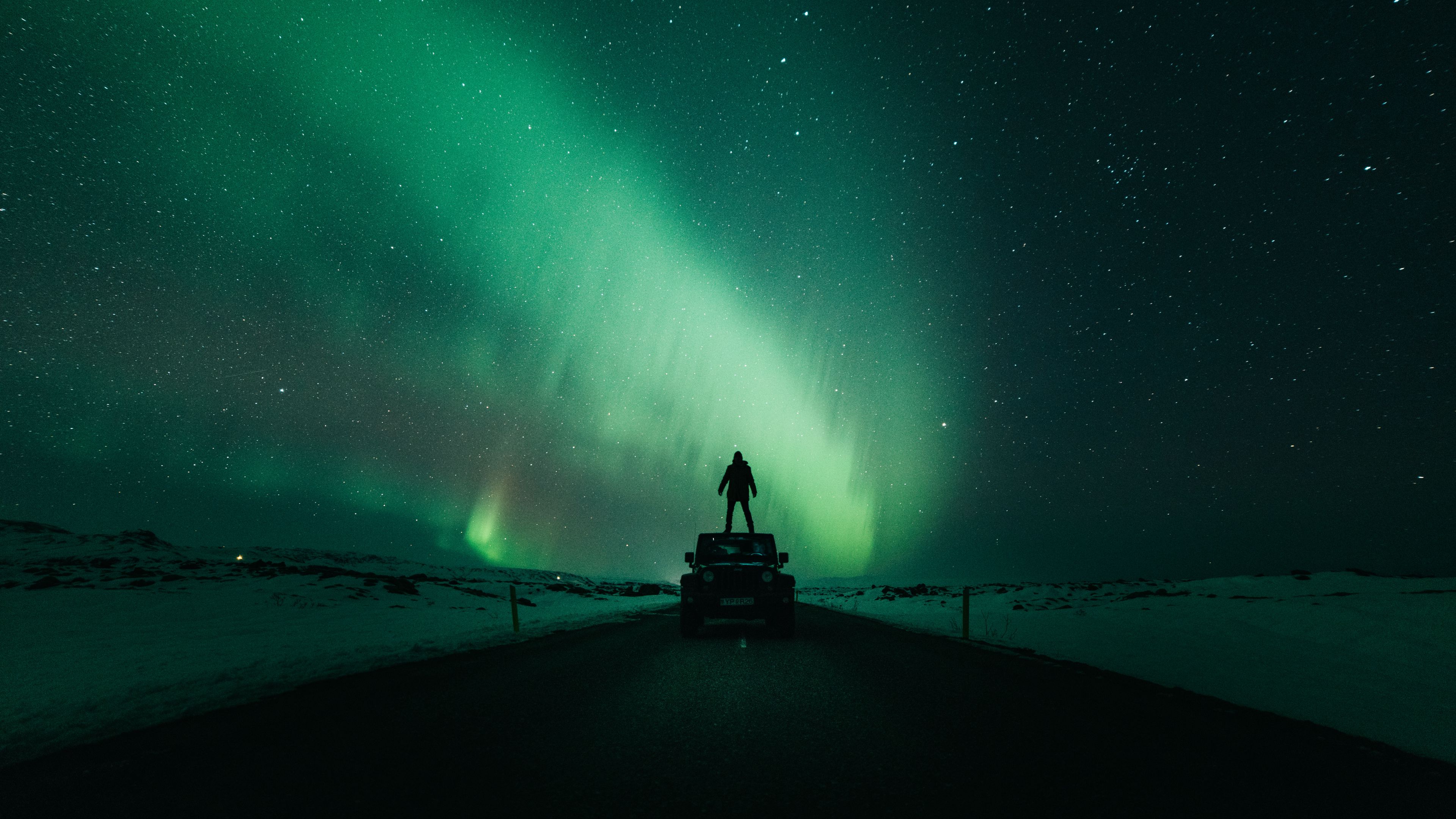 auto, night sky, silhouette, stars, radiance, 4k, HD Wallpaper