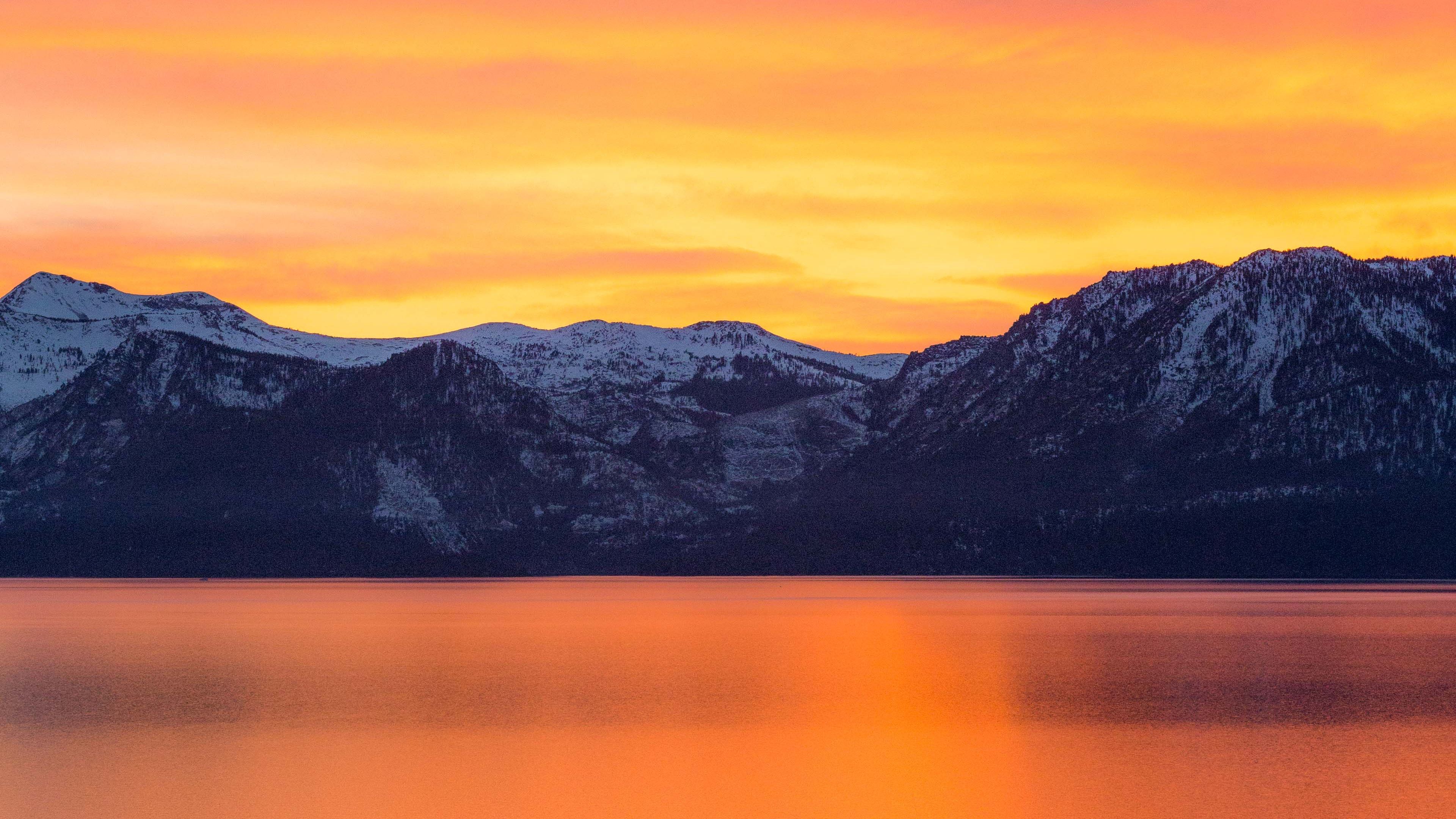 mountains, dawn, sea, horizon, 4k, HD Wallpaper